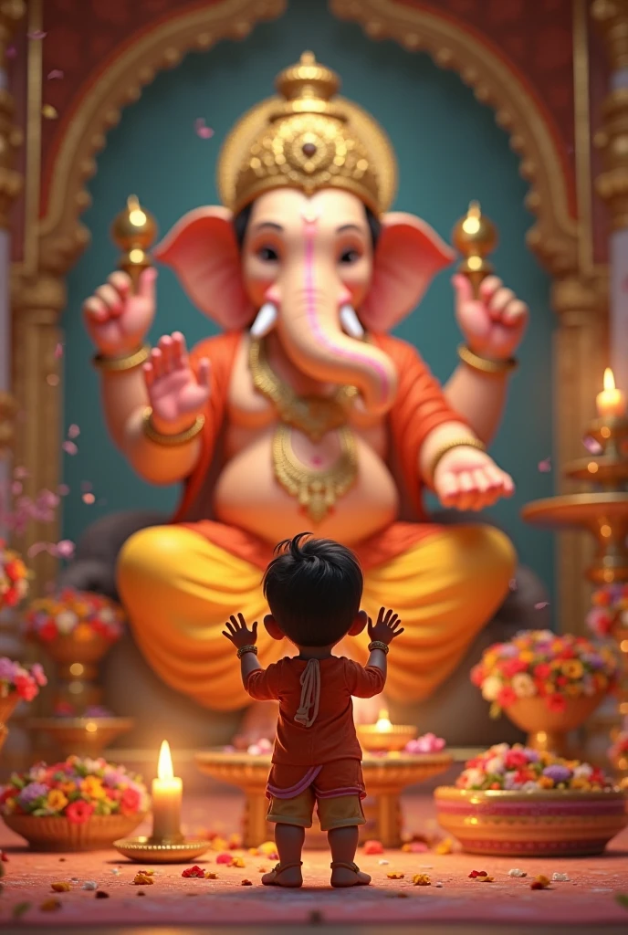 Ek chokro jii Ganpati ne haath jodi ni betho che eni t-shirt ma "Manav" lakho