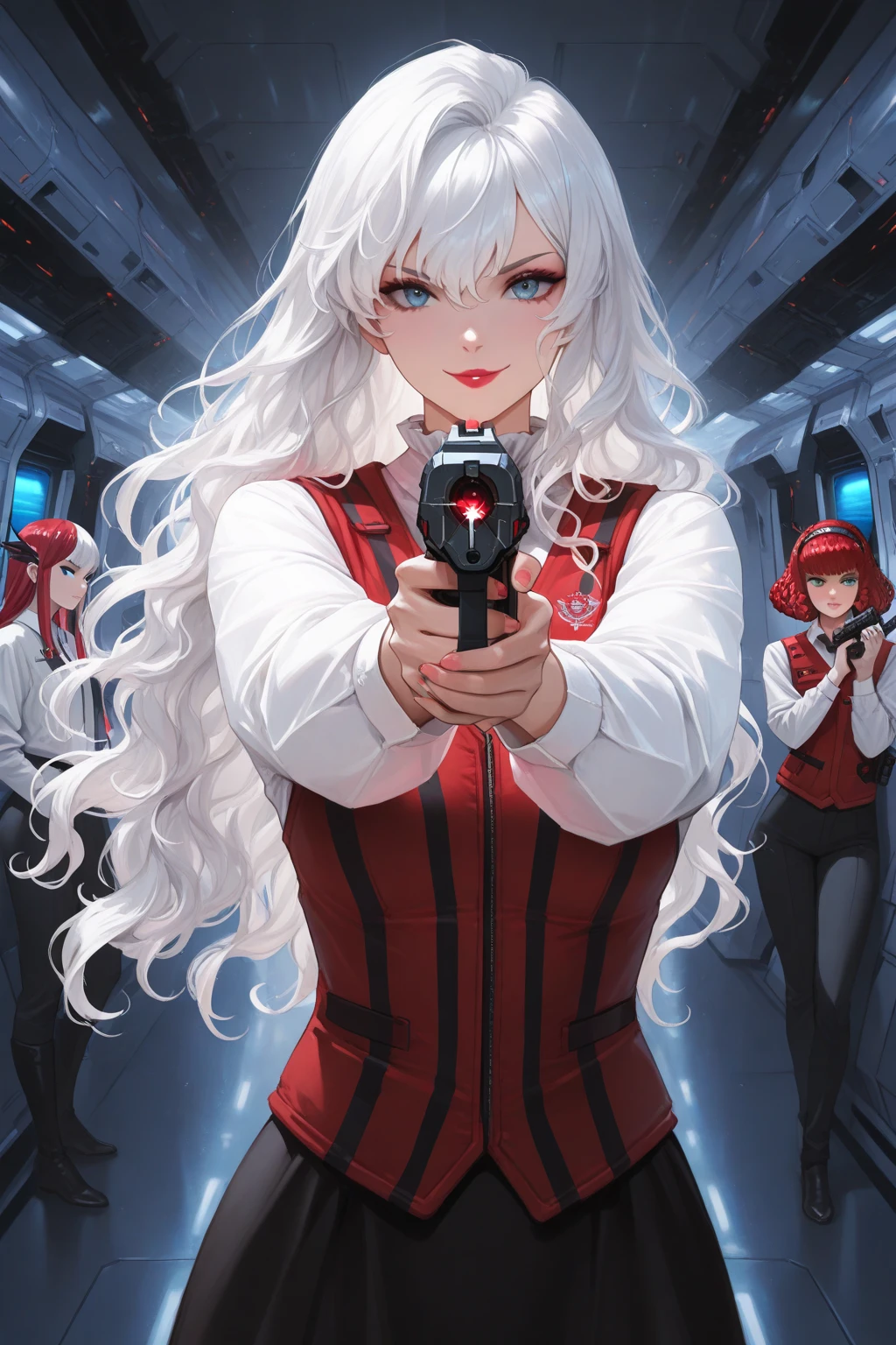 a woman in a red hat holding a gun,still from marvel movie,holding a ray gun,hyper-realistic cg,modern cartoon tv show,doing an elegant pose over you,tv series,woman holding another woman,colorised,authoritarian,cover,nbc,tipping his fedora,dots,colorized,an asian woman,vivd,
flower_style,