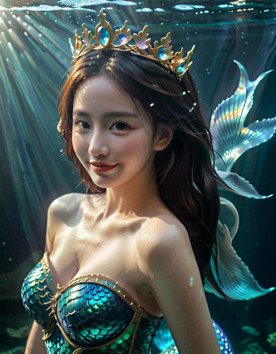 breathtaking <lora:nvshenlongv2:0.8>,nvshenglong,1girl,crown,Kpop idol,photorealistic,blue eyes,detailed face,an underwater photograph of a beautiful naked mermaid diving into the ocean,captured in a high-speed shot that freezes the moment she breaks the surface. The mermaid is topless with small breasts and very long floating hairs. The scene is bathed in natural light,with intricate bubbles and ripples forming around her body,no other animals,looking at viewer:1.3,Moody,highly-detailed,and smooth. NSFW,(mermaid:1.5),(intricate details),8k hdr,high quality,soft cinematic light,dramatic atmosphere,atmospheric perspective,big circle ear rings,, best quality , masterpiece, illustration, an extremely delicate and beautiful, extremely detailed ,CG,unity,8k wallpaper, Amazing, finely detail, masterpiece, best quality,official art,extremely detailed CG unity 8k wallpaper,absurdres, incredibly absurdres, huge filesize , ultra-detailed, highres, extremely detailed,beautiful detailed girl, extremely detailed eyes and face, beautiful detailed eyes,light on face,, (masterpiece:1.2), best quality, highres,extremely detailed CG,perfect lighting,8k wallpaper,photograph, photorealistic, . award-winning, professional, highly detailed