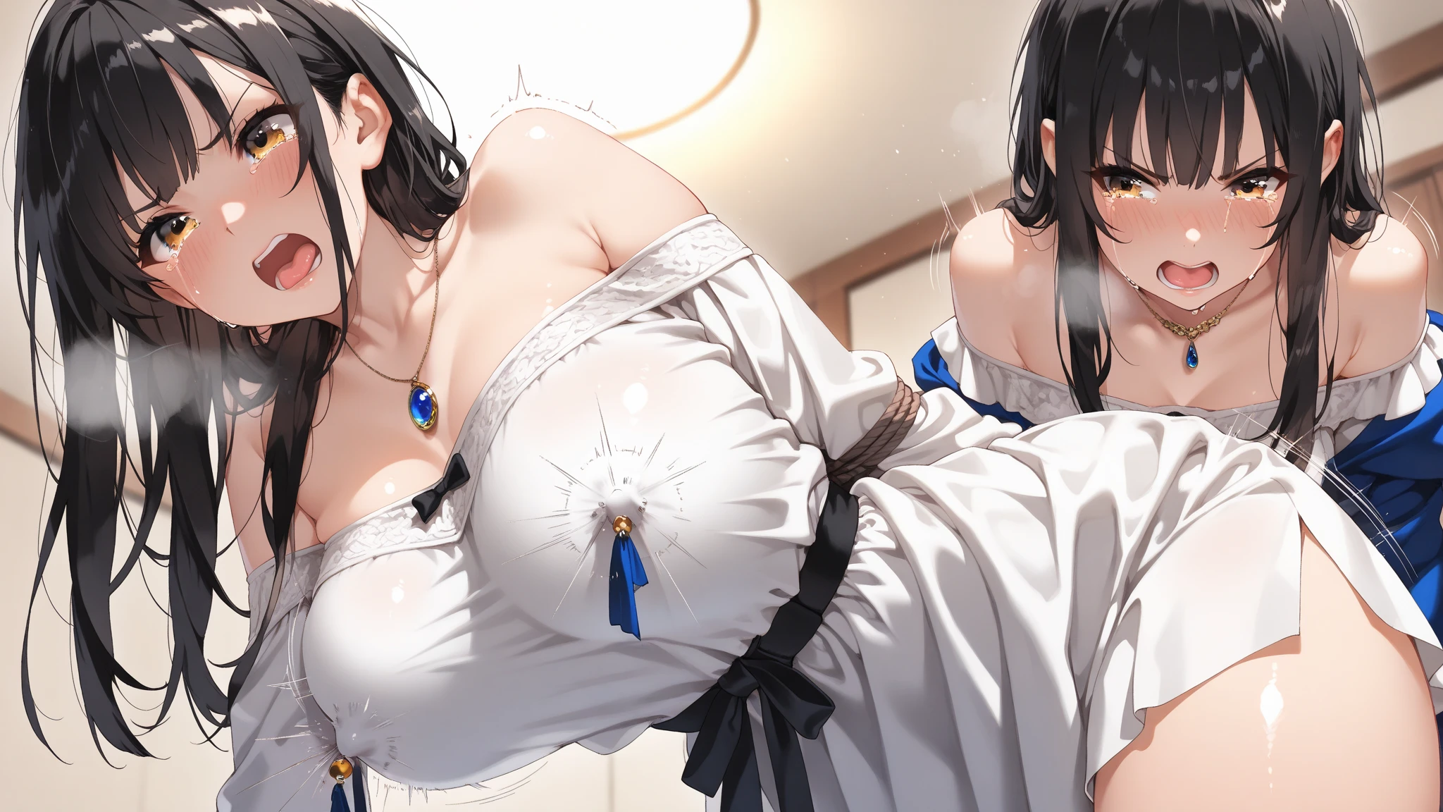 8K、quality、On a table、super high image quality、ultra - detailed、super beautiful、Ultra-realistic hair textures、anime illustration、Surreal sensibility、Whole body ESBIAN、mesmerizing looks、shave 、Off-the-shoulder blue yukata、Beutiful women、blue long hair、pony tails、eBlue eyes、Glowing and radiant skin、Very huge、Red lace breasts are super big、Glowing and radiant skin 、Clean skin、Japanese style room with daytime background