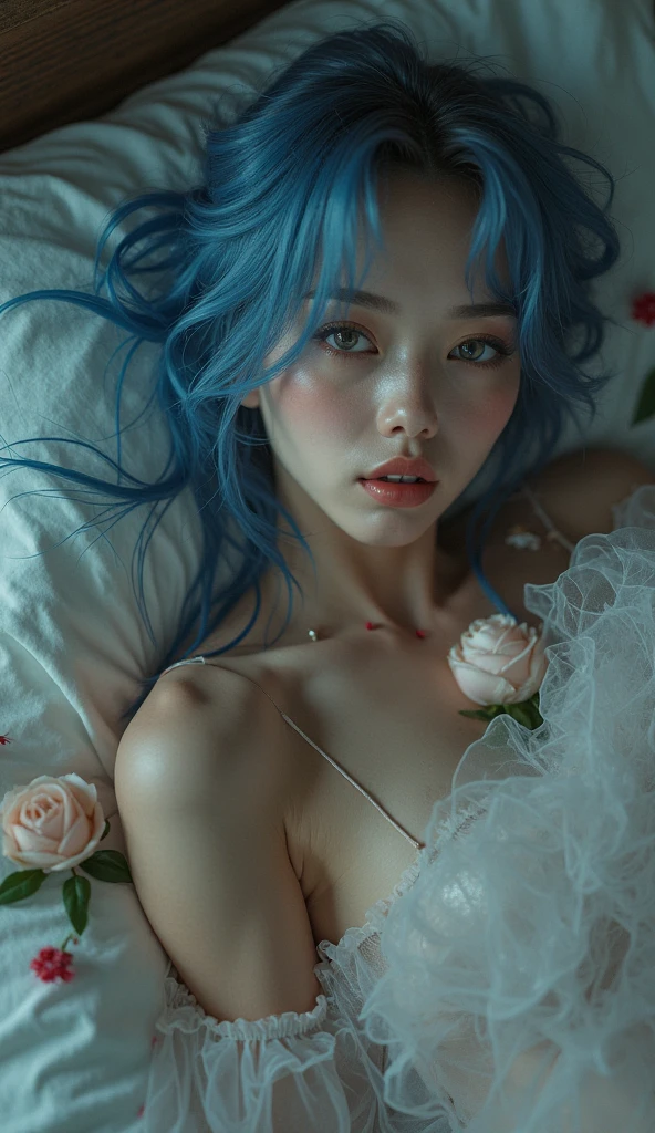 cute, asian girl, blue hair, beautiful, transparent lingerie, short hair, ponytails hair, cute earrings, rape necklace, glittering skin, indoor background, hands pose, smile, green eyecolor