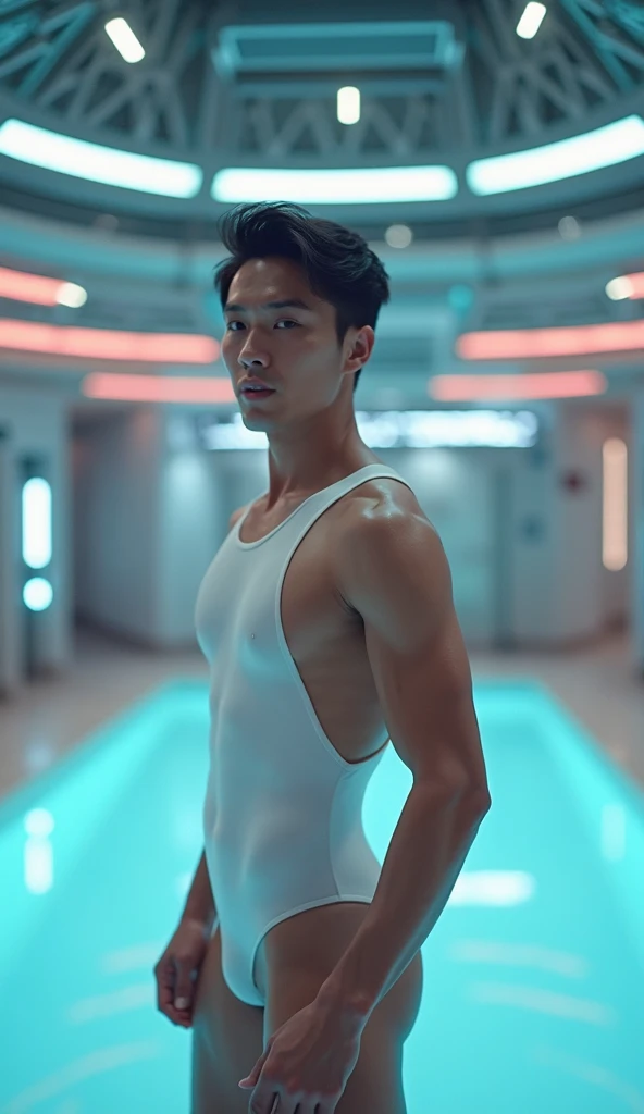 Korean, latex、hero costume , sport racing competitive one piece swimsuit、Embarrassed look、Spread your legs、Even the legs are reflected, bulge , Bright, inorganic space、whole body , realistic handsome Korean face , natural muscles , beardless face、masterpiece、A high resolution、hyperrealism、detailed face、solo、a men、glowing skin、(Asian)、(young、teenager)、Handsome、detailed background、Handsome