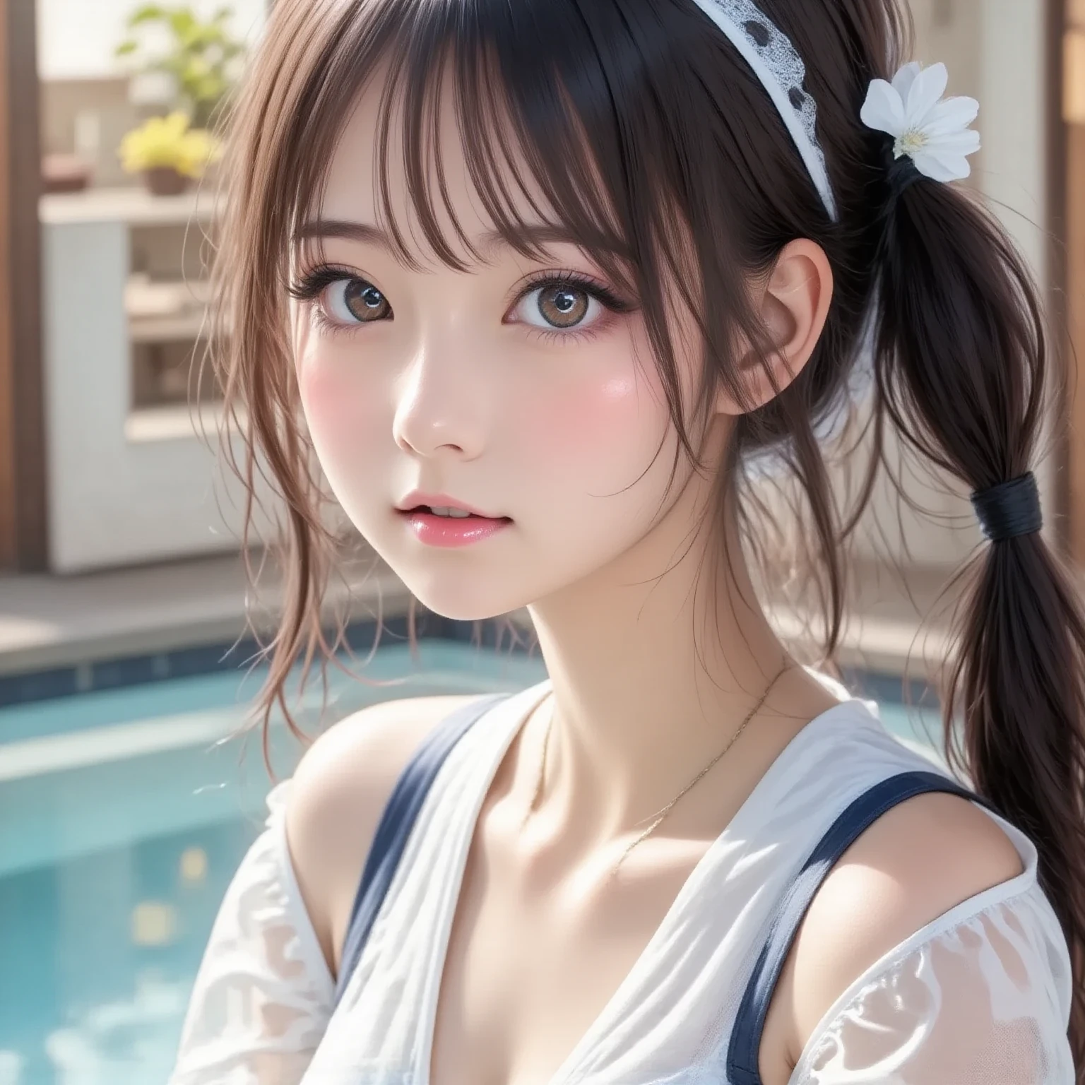Close-up of a woman sitting on a ledge near the pool, Girl cute beautiful face, Ulzzang, Young and adorable Korean face, Very beautiful girl, Chiho, Beautiful Japanese girl face, Beautiful girl, Young and pretty Asian face, Shirahime cut hairstyle, With a cute - lovely - face, Korean Girls, Young and pretty girl