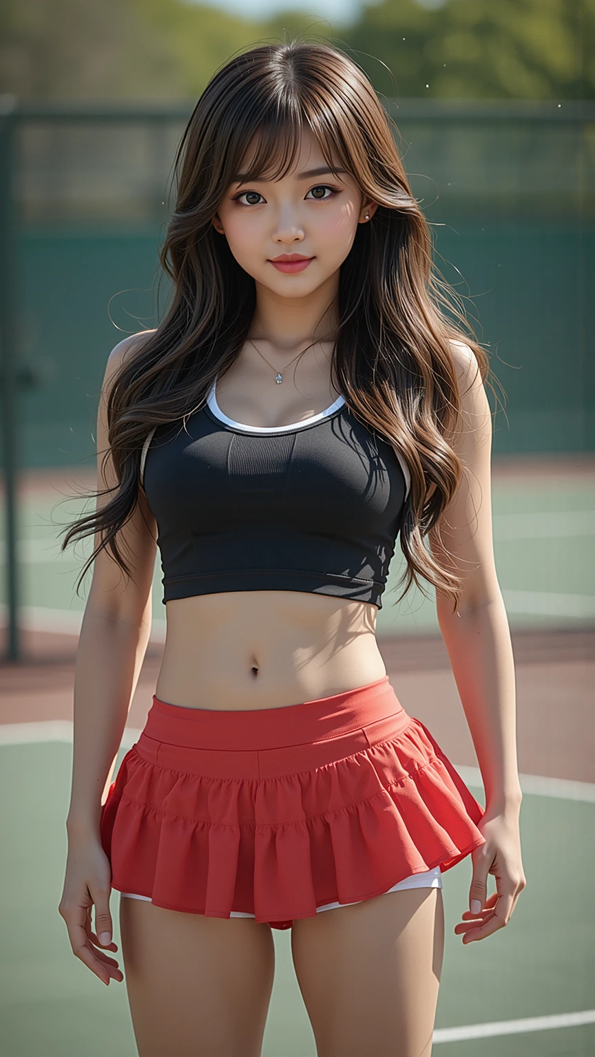 (in 8K、 Raw photography、top-quality,、hight resolution),、(hyper realisitic)、(realisitic),、Soft light、、girl with、Lifelike face、Realistic body、real looking skin、absurderes、​masterpiece、Cuties、solo、Innocent eyes、blusher、Cinema Lights、cherry colored lips、The hair 、a closeup、looking at viewert、 Open lips,、Upper teeth,、(Smiling eyes:0.6)、eyes focus、professionally lit、CG Social Trends、Plastic En、((Black Long Hair))、((Beautuful Women))、(A smile)、Fashionable、(A sexy)、Happy -、fashion magazine、((lighting like a movie))、the woods、((tennis))、kirakira、