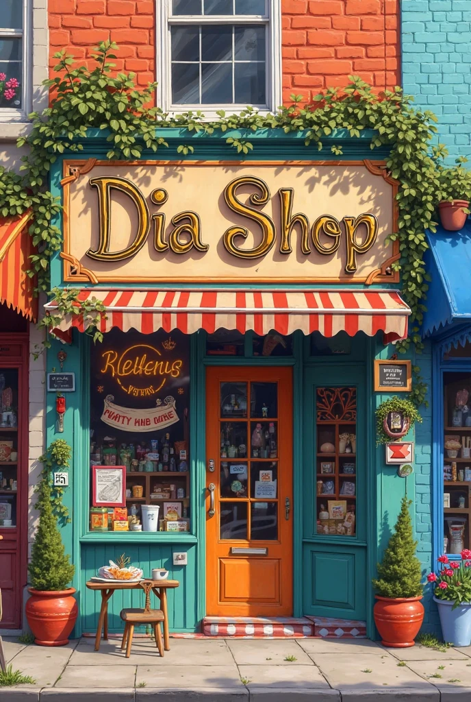 Shop door with bright colors in front with a sign, storefront, quirky bookstore, stick figures