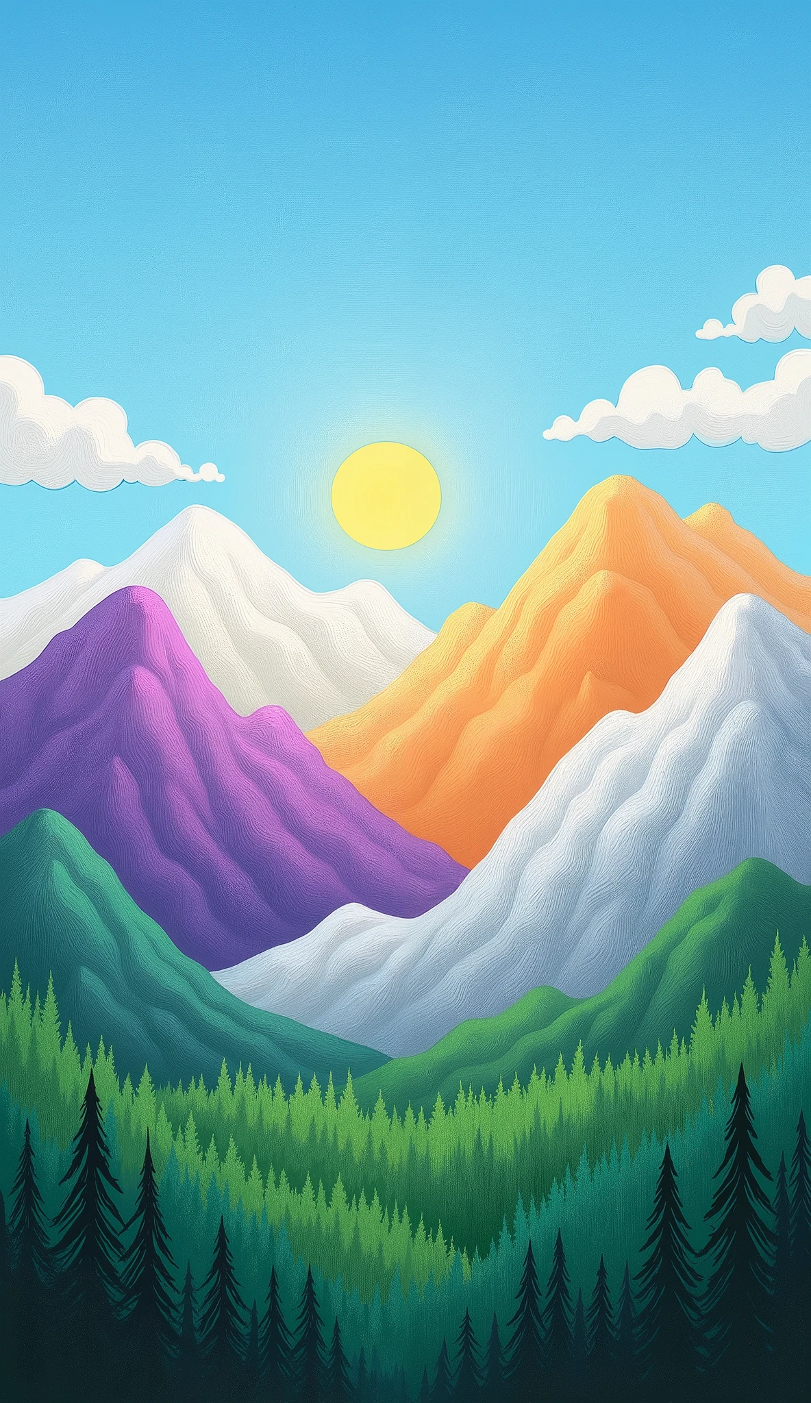 Oil on canvas, Panoramic view of colorful mountains, vibrant landscape. Mountain ranges, various shades of vibrant colors, including purple, white, green, and orange, arranged in a horizontal row. bSun is positioned centrally in a bright yellow, radiating light. Bright, clear blue sky, dotted with soft, white clouds. Dense green forest at the base of the mountains, providing a lush contrast to the colorful peaks. Snowy peaks are a mix of soft white and light gray. The mountains have a rounded, stylized shape. The perspective is a wide landscape view, with the mountains filling the majority of the image. Composition is balanced and symmetrical. Color palette is bold and bright. Pastel shades are used to subtly create a light and airy atmosphere. Light source is directional, with the sun positioned to cast light on the mountaintops. The style is cartoonish and simplified, creating a cheerful and optimistic mood. Detailed, but exaggerated textures are shown on the mountain.