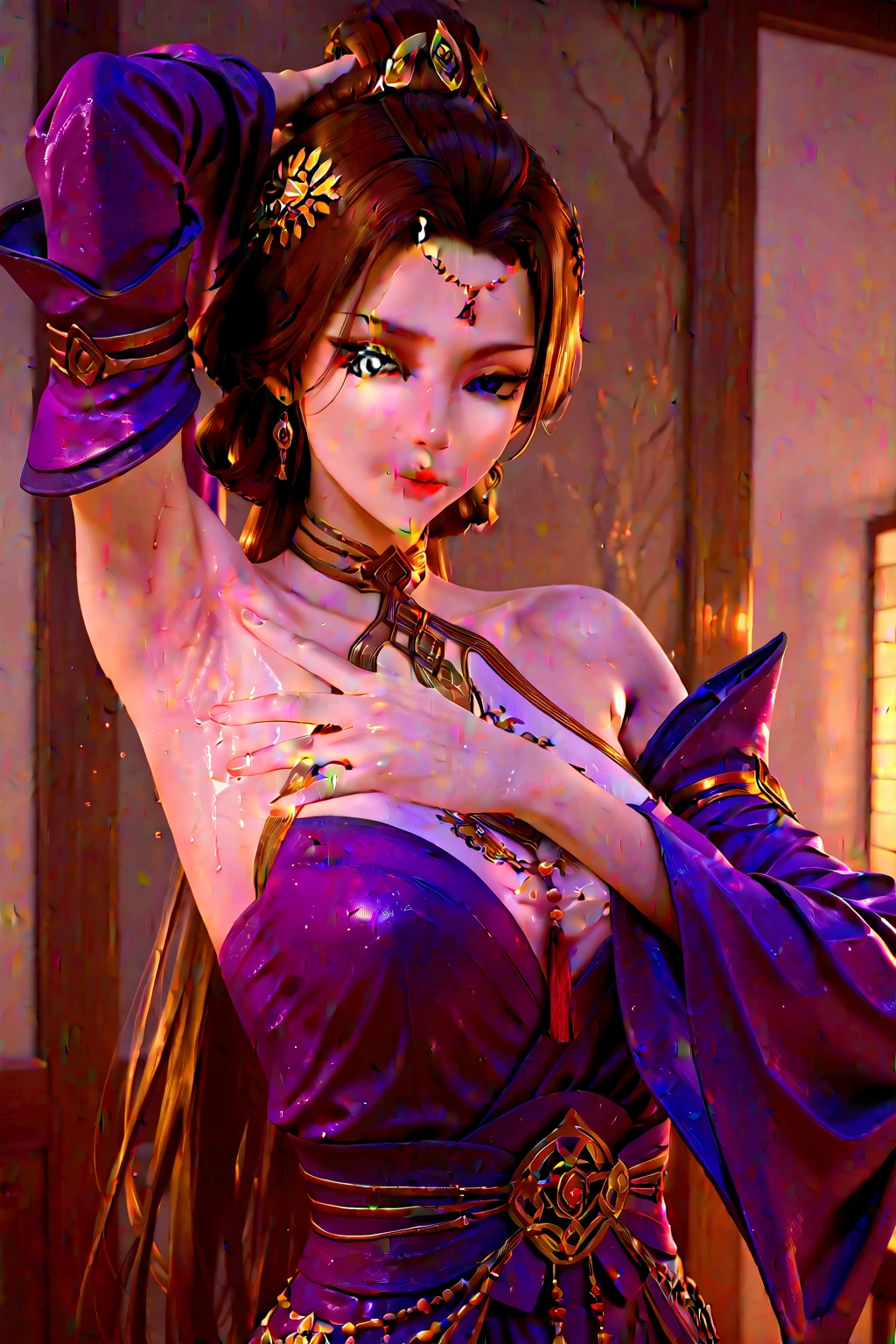a close up of a woman in a red dress with long hair, beautiful alluring anime woman, a beautiful fantasy empress, inspired by Du Qiong, seductive tifa lockhart portrait, ((a beautiful fantasy empress)), seductive anime girl, beautiful anime woman, glamorous tifa lockheart, beautiful avatar pictures, mai shiranui, lady in pink armor, tifa, (lingerie:1.2), photo realistic, upon_body, tyndall effect, photorealistic, dark studio, rim lighting, two tone lighting, (high detailed skin:1.2), 8k uhd, dslr, soft lighting, high quality, volumetric lighting, candid, Photograph, high resolution, 4k, 8k, Bokeh, ?????? out,, (purple eyes color), (transparent armor:1.0), big ??????,