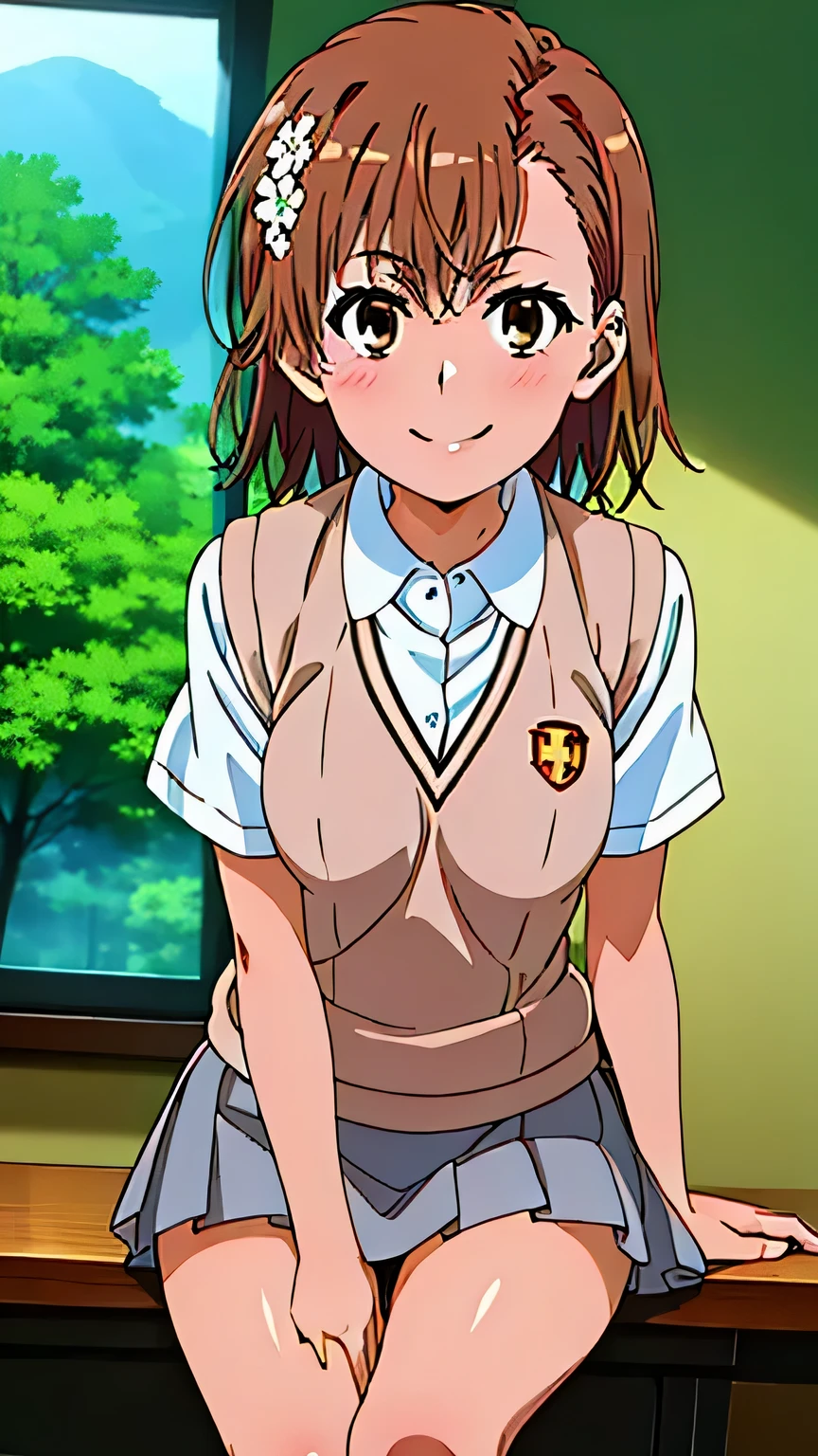 (masterpiece, best quality, high resolution, 8k:1.2), (anime coloring:1.2), highly detailed, sharp detailed, ultra high definition, perfect character design, perfect face, perfect eye, perfect hair style, perfect body, beautiful body, beautiful skin, beautiful breasts, beautiful legs, beautiful hands, perfect hands, beautiful finger, beautiful face, beautiful eyes, symmetrical eyes, slim body, (1 girl), (misaka mikoto, brown eyes), 16 years old, smile, (brown hair, short hair, bangs, eyebrows visible through hair, hair ornament, hair flower, white flower), (tokiwadai school uniform, white shirt, short sleeves, (sweater vest, v-neck), (gray skirt, pleated skirt, mini skirt), loose socks, loafers), dutch angle, looking at the viewer,