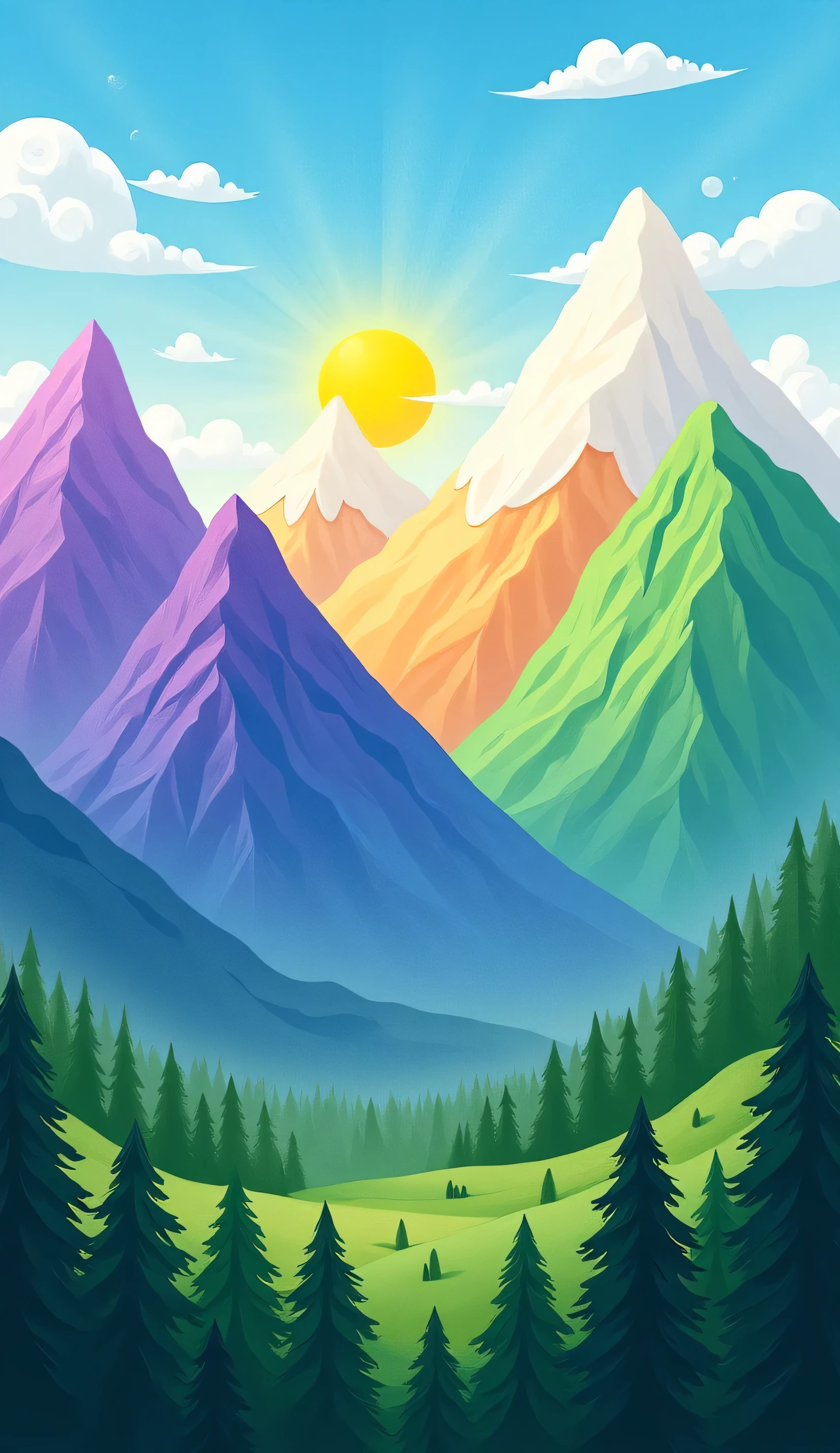 Oil on canvas, Panoramic view of colorful mountains, vibrant landscape. Mountain ranges, various shades of vibrant colors, including purple, white, green, and orange, arranged in a horizontal row. bSun is positioned centrally in a bright yellow, radiating light. Bright, clear blue sky, dotted with soft, white clouds. Dense green forest at the base of the mountains, providing a lush contrast to the colorful peaks. Snowy peaks are a mix of soft white and light gray. The mountains have a rounded, stylized shape. The perspective is a wide landscape view, with the mountains filling the majority of the image. Composition is balanced and symmetrical. Color palette is bold and bright. Pastel shades are used to subtly create a light and airy atmosphere. Light source is directional, with the sun positioned to cast light on the mountaintops. The style is cartoonish and simplified, creating a cheerful and optimistic mood. Detailed, but exaggerated textures are shown on the mountain.