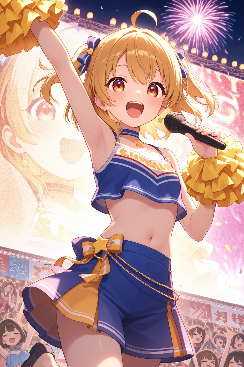a cheerful nekogirl in an anime style scenery, detailed beautiful face and eyes, fluffy fox tail, cat ears, wearing a cheerleader outfit, dynamic pose, vibrant colors. Super cutie, you must love her. 
Entire figure art 