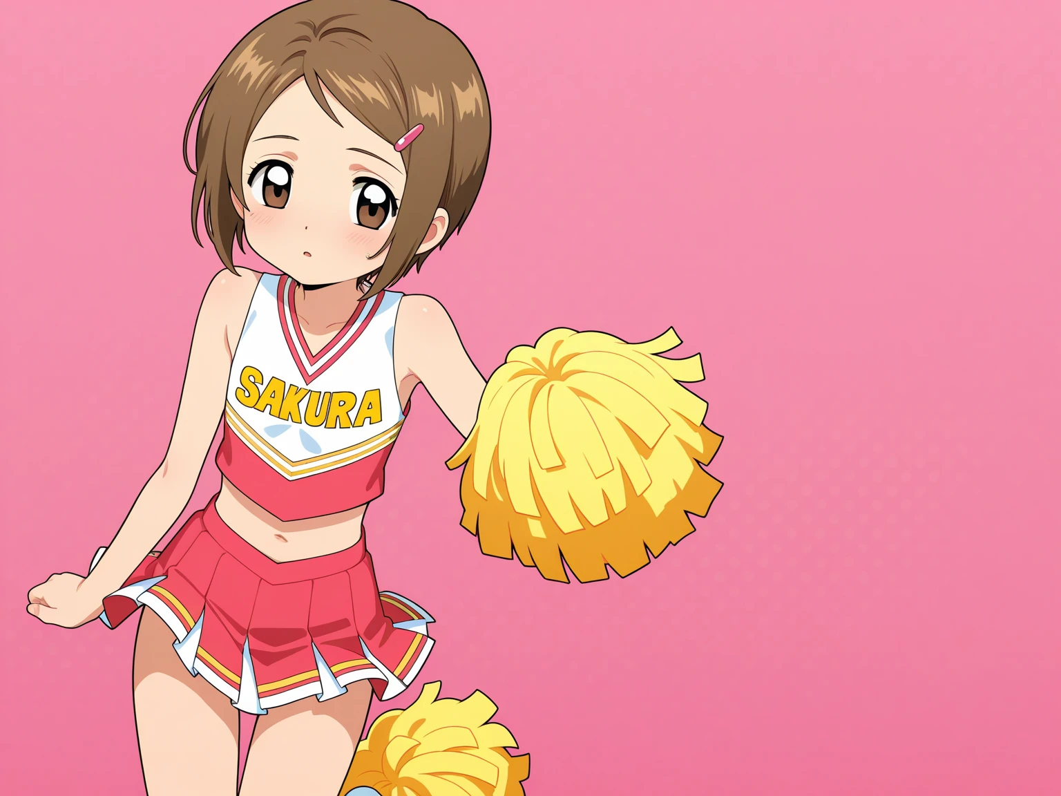 fully clothed, (masterpiece, best quality:1.2), perfect anatomy, (1boy, solo:1.2), (full shot from behind from above:1), (yellow cheerleader uniform, yellow skirt, yellow pompoms:1.2), track field, cheering, bookshelf, eye contact look back looking at viewer, happy smile, beautiful eyes, nose blush, shiny skin, adorable face, <lora:boku no chico ova-lora-nochekaiser:1> chico, short hair, (brown hair), (brown eyes:1.5), petite, volumetric lighting, (flat chest:1)