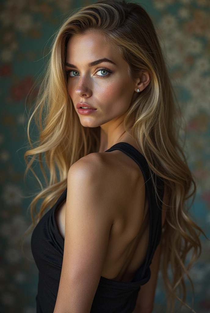 a very realistic and detailed photo of a beautiful italian woman, tight black dress, perfect makeup, long straight blonde hair, high quality, photorealistic, 8k, luxury, elegant, sophisticated, confident, studio lighting, cinematic, glowing skin, piercing eyes, full lips, sharp focus