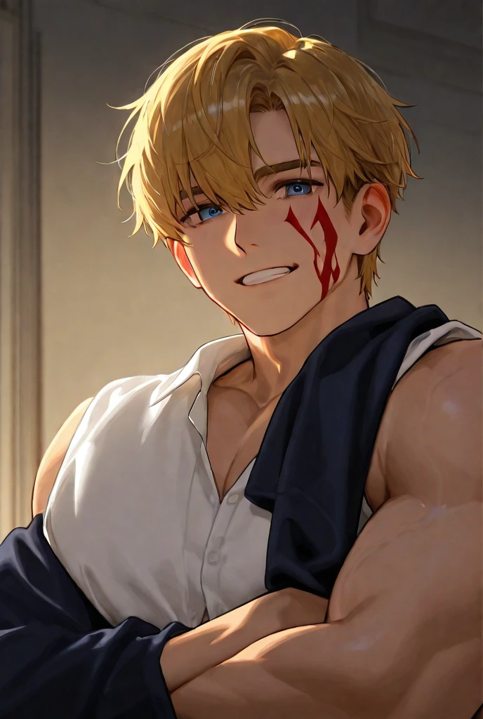 muscular, beautiful blond man, 25 years old, dressing white t-shirt , entering the living room, body front, blood stains on white t-shirt