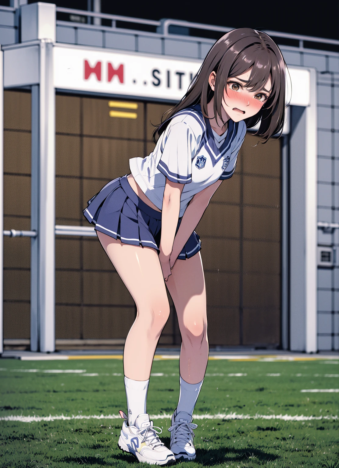 (best quality)), ((Masterpiece)), (details), perfect face, realistically, hair ornament, outdoor, track field, daytime, (((maid dress))), glitter hair, brown eyes, glowing eyes, white skirt, (((microskirt))), (((jumping))), ((pussy reveal)), Blush, daytime, Wet, (see through), sleeveless shirt, armpit, 14 years old, ((big smile)), (((tying hair))), mikan, masterpiece, highest quality, Highest resolution, highest detailed face, perfect hands, perfect ???????, lift her hands, arm raised, (((red cheerleader dress))), (full body view), slightly spread legs, red sport shoes, spead legs, small breast, view from below, under boobs, microskirt, naval, view from below, (((skirt lift))), spread legs, 2 arm raised, torn dress,