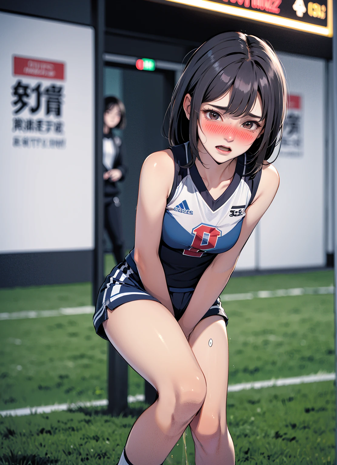 (Top image quality:1.3)、(Ultra Detail:1.2)、(hight resolution:1.1)、(Ultra-fine CG)、Ahegao:1.5、sticking out the tongue、red blush、full of shyness、masterpiece、top-quality、ultra-definition、Beautiful fece、masterpiece、top-quality、One girl、18year old、front facing、The whole body、Beautiful whole body、Sweating、mekosji、track and field athlete、track and field uniform、Sportsbra、Buruma、Shorthair、shorth hair、portrait shot、track and field、Exhausted and sweaty、Raising both arms、A sexy
