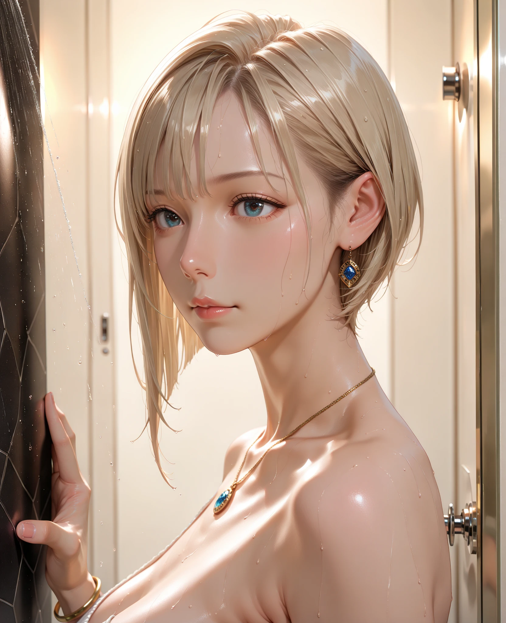 (Highest quality, 4K, 8k, High resolution, masterpiece:1.2), Very detailed, (Realistic, photoRealistic, photo-Realistic:1.37),Japanese,(Dull blonde pixie cut）woman,(Black choker：1.0)Large Breasts、Orgasm Facial、Face close-up、Completely naked、shower room、Wet Hair、Wet Skin、whole body、Emphasize the chest