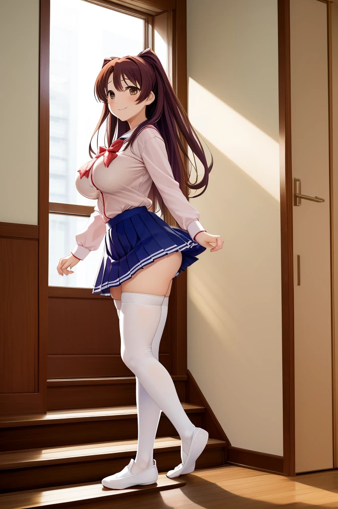 (masterpiece、highest quality、High resolution、realistic pictures、real looking skin:1.1)、1 Japanese girl、alone、whole bodyエスビアン、beautiful eyes、shining eyes、brown hair、Entrance to the house、(Long collar shirt、Navy pleated mini skirt、blazer、navy knee socks、black loafers、F cup breasts:1.1)、(lift one&#39;my own skirt:1.5)、(panties are slightly exposed:1.5)、(Are standing:1.5)、(simple white pants:1.5)、(A provocative grin:1.5)、(high twin tail:1.5), (whole body:1.5), NSFW