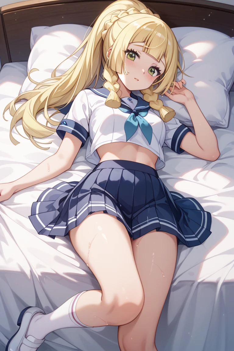 A cute blonde anime girl, teen girl, long hair, graceful, stylish, innocent, beautiful, slim,
School uniform,
Bedroom, laying on bed, Overhead shot
beautiful face, cute face, slim body,
Studio lighting, DSLR Quality Photo,