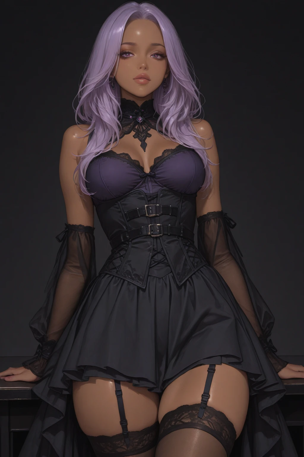 LingerieLora, Slim girl with wide hips and , With short purple hair and gray skin dressed in transparente erotic lingerie With a golden belt and inlaid with red circular stones and black hood (full body) (((Character sheet )))