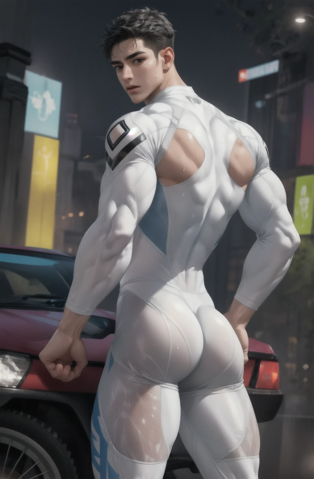 looking back,ass focus, naked, closeup of face, large areolae, masterpiece, best quality, extremely detailed, intricate, 1boy, white torn sport tights, bikesuit, muscular male, 6 pack abs, big pectoralis, shiny white skin, bare pectorals, detailed face, naughty face, black eyes, short black hair, shiny blue necklace,  looking at viewer, manly,  sweating, moist body, Park, night, NSFW,  erection, butt, briefs, thong, asshole