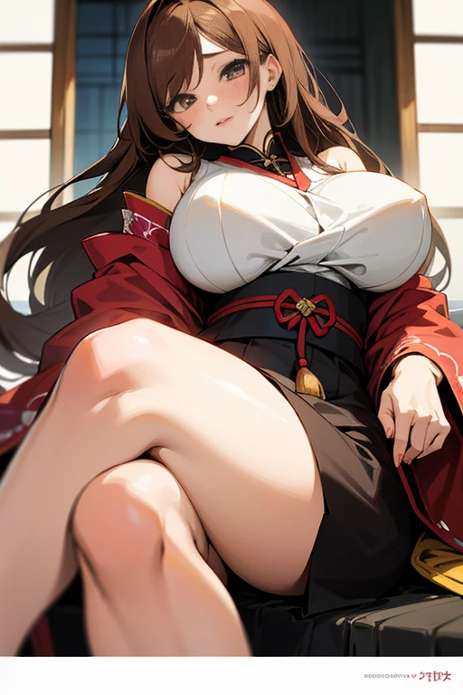 ((masterpiece, best quality, high resolution, ultra high definition, Pixel perfect, depth of field, 4K, RTX, human development report))), 1girl in, single, alone, Beauty、see whole body、 ((Long hair to waist, Short Liuhai, reddish brown hair)), ((blue eyes, beautiful eyelashes, realistic eyes)), ((Detailed face, blush:1.2)), ((smooth texture:0.75, lifelike质感:0.65, lifelike:1.1, Anime CG style)), medium breasts, Perfect body, ((Red Japanese kimono, bare shoulders ,Black tights)), Smile, side sitting position, Look down from above、(The wind is strong and blows my hair，Expose left shoulder、Black tights) , Night view hot spring,Snowy nights
