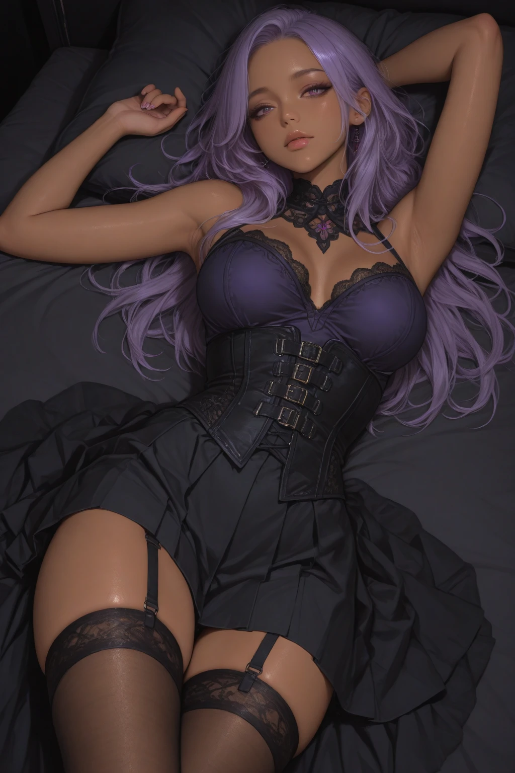 1girl, a knight, purple hair, beautiful face, skull tiara, full body amor, black heavy amor, perfect body, large breast, purple panty, turn back, show her butt, on bed, black sword, look at viewer, bed room back ground
