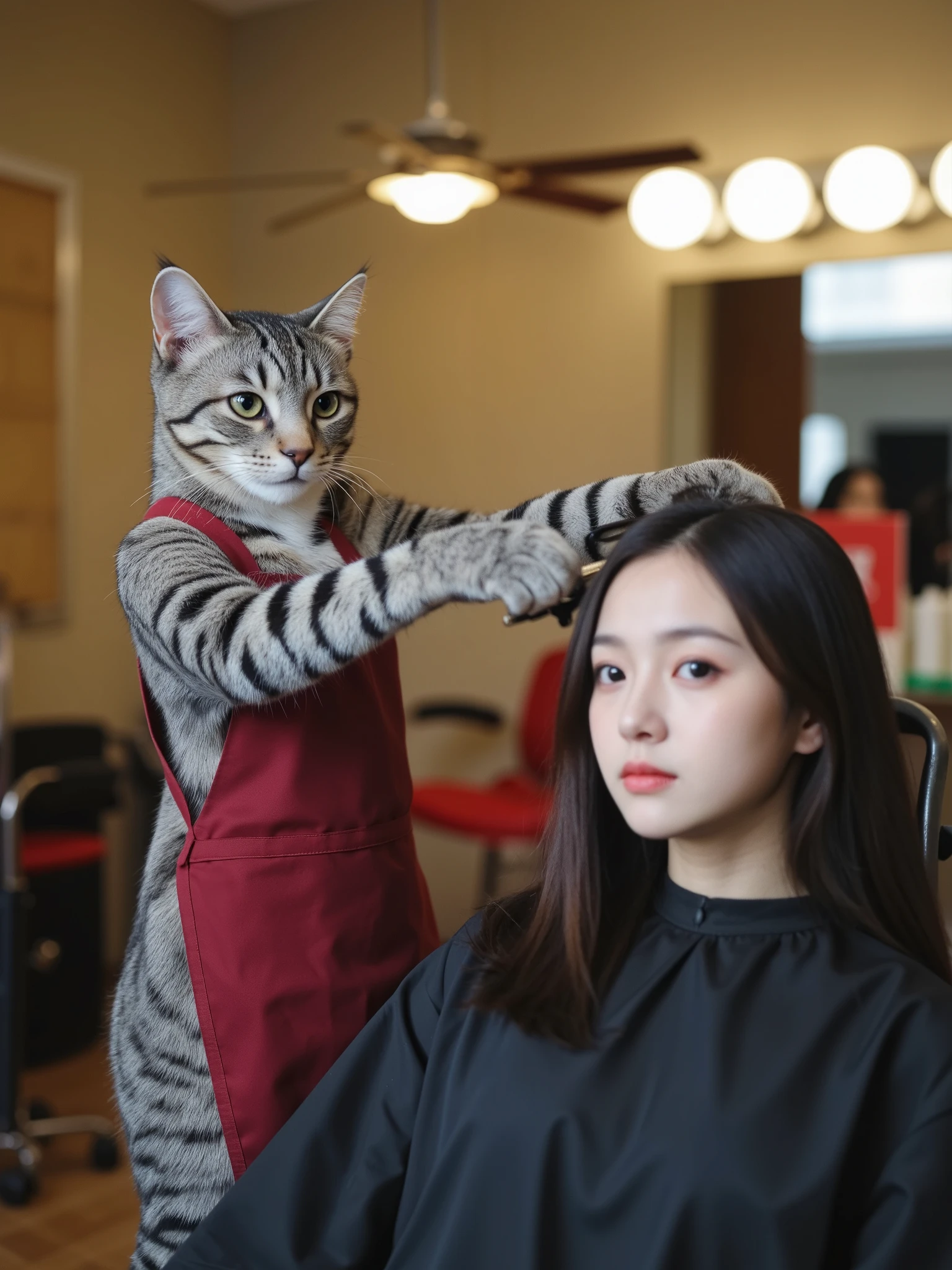 A hair salon scene with an anthropomorphic cat standing upright on its hind legs, wearing a barber's apron while using scissors held in its front paws to cut the hair of a female human customer seated in a red leather barber chair. The cat has gray fur and is focused on trimming the woman's shoulder-length brown hair. The salon interior features a large mirror on the wall, hair styling tools on a counter, and warm overhead lighting. Professional photography with soft indoor lighting and sharp focus on the main subjects against a blurred background.