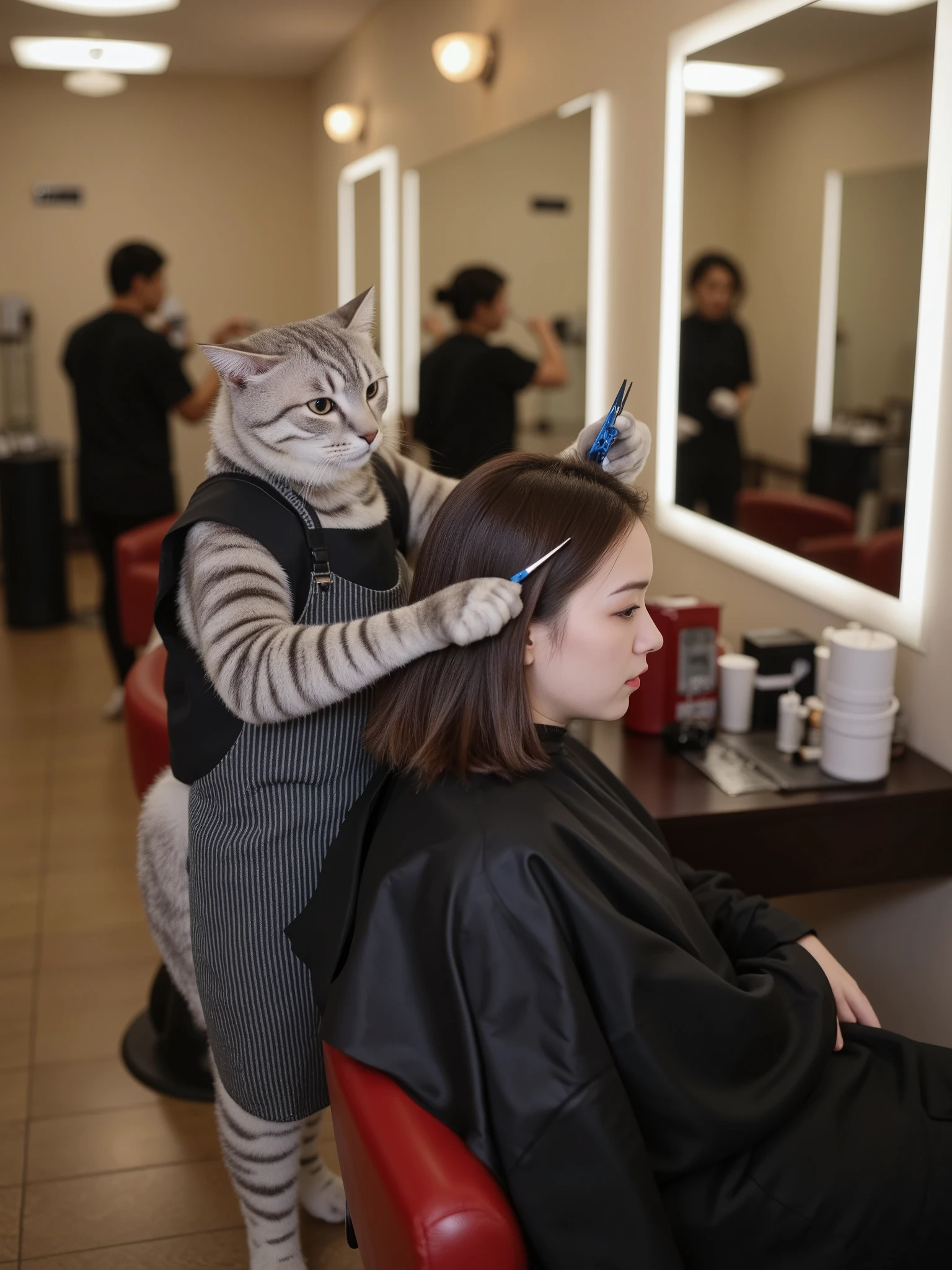 A hair salon scene with an anthropomorphic cat standing upright on its hind legs, wearing a barber's apron while using scissors held in its front paws to cut the hair of a female human customer seated in a red leather barber chair. The cat has gray fur and is focused on trimming the woman's shoulder-length brown hair. The salon interior features a large mirror on the wall, hair styling tools on a counter, and warm overhead lighting. Professional photography with soft indoor lighting and sharp focus on the main subjects against a blurred background.