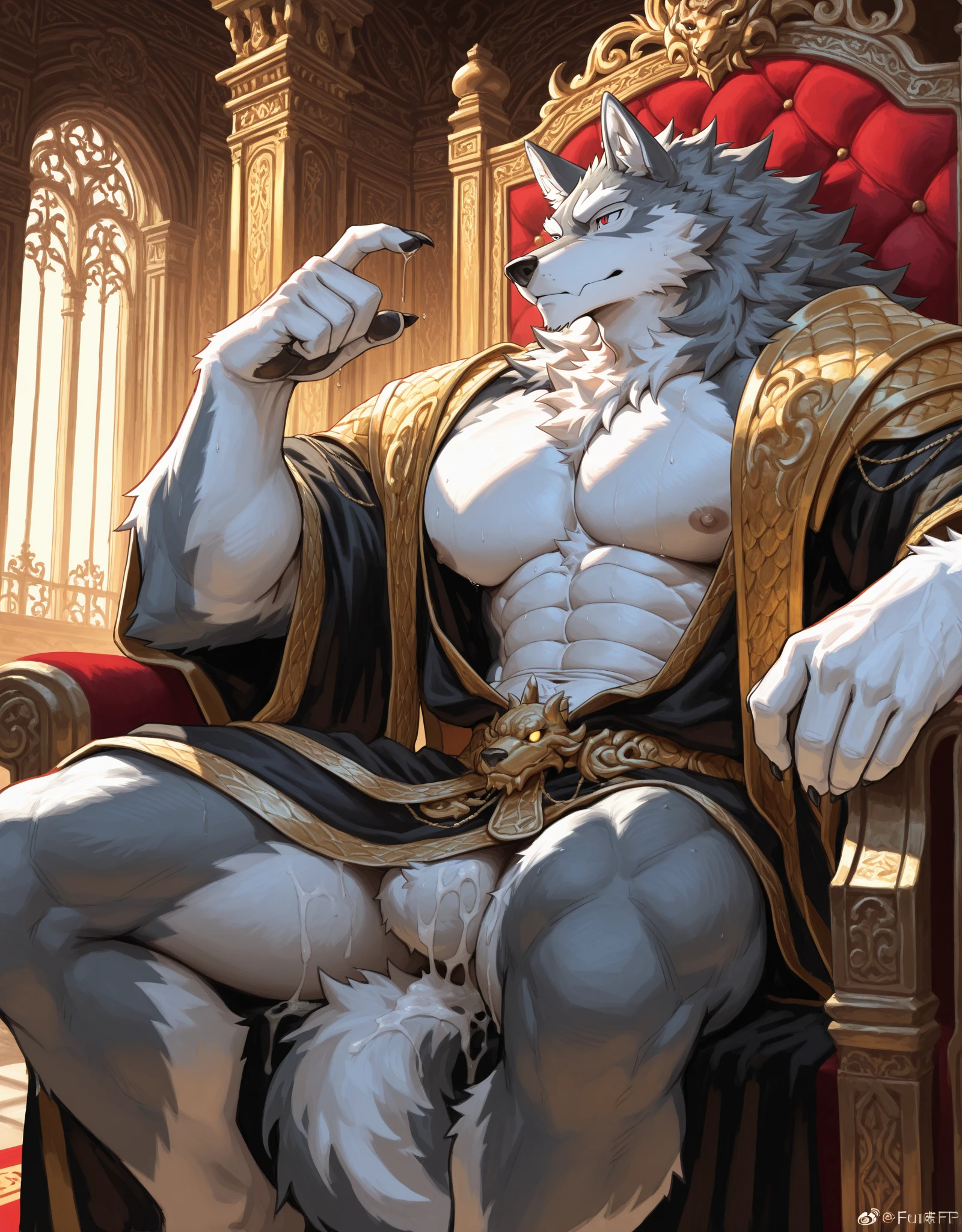 Male, solo, anthro, ((Blaidd)), ((Elden Ring)), ((detailed hands)), ((well drawn hands)), dilf, daddy, father figure, mature male, pecs, blushing, ((knot)), ((very big Penis)), ((canine )), ((very thick Penis)), ((crotch focus)), ((very detailed crotch)), piercings, furred body, ((very detailed lighting)), armor ((very detailed fur texture)), ((very detailed Penis texture)), very detailed, very high quality, very high resolution, ((very detailed clothing))