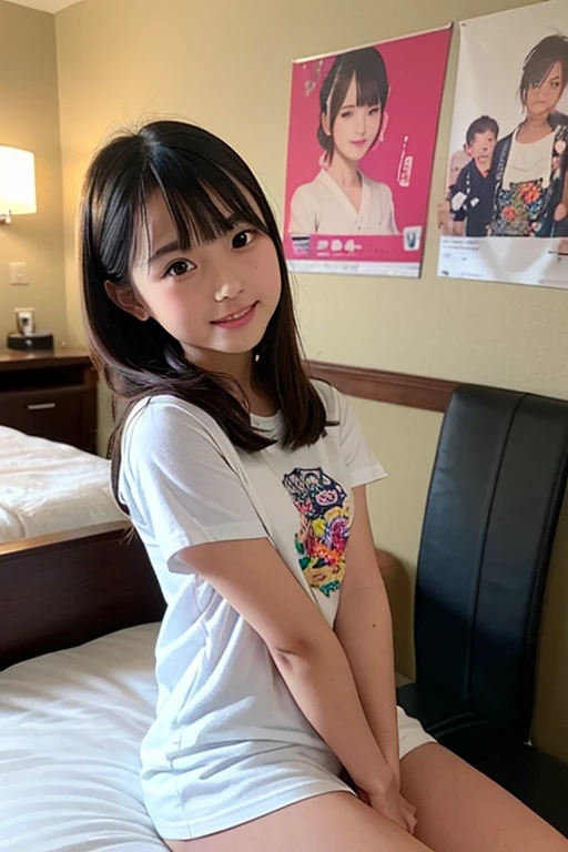 Japanese,Beautiful 6 years old,Baby Face、Upper body image、Ultra-flat chest:1.85、Ultra short height、smile、Flat Chestのクローズアップ、Flat Chest:1.85、cute,Primary school students,clavicle、Primary school studentsのcute私服、Summer clothes、So small and so young、On the bed:1.85、She has her arms open wide waiting for a hug:1.85、Big frilly ribbon:1.85、Strong motherhood、sunday morning、Kissing the penis