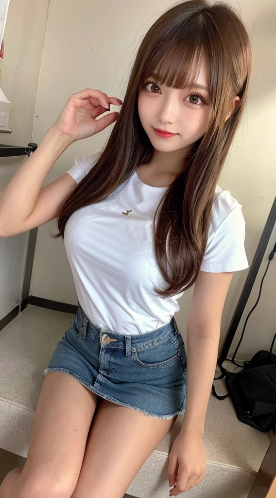 （natural， high resolution：1.3）， 1 chica con un cuerpo perfecto， Super fine face and eyes.，pelo largo， Camiseta sin mangas de colores aleatorios.：1.2， Jeans cortos， tetas grandes，exponer escote