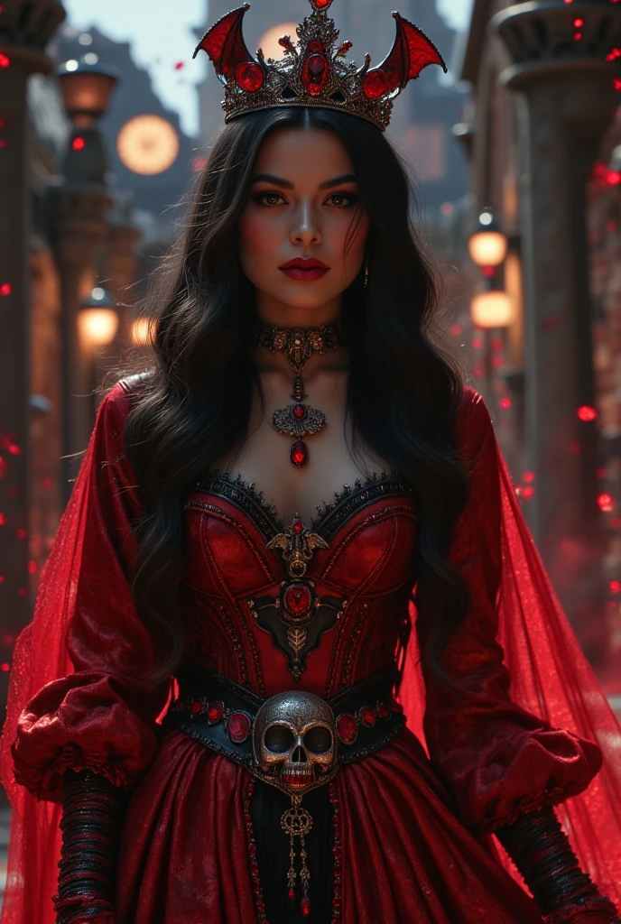 1 heroine, 1 beautiful princess, in the dark: 1.6), Surreal female portrait by David Hockney and Alphonse Mucha., fantasy art, korea doll, photorealism, dynamic lighting, art station, poster, volumetric lighting, Very detailed faces, 8k ultra, whole body, Award-winning, in the dark, deep shadow, low key, cowboy lens, (red phoenix dress: 1.4), wide, black fur, bust, luxurious palace, royal style, Princess' crown, Big black round eyes, royal style, the most beautiful face, large and regular breasts, super realistic,