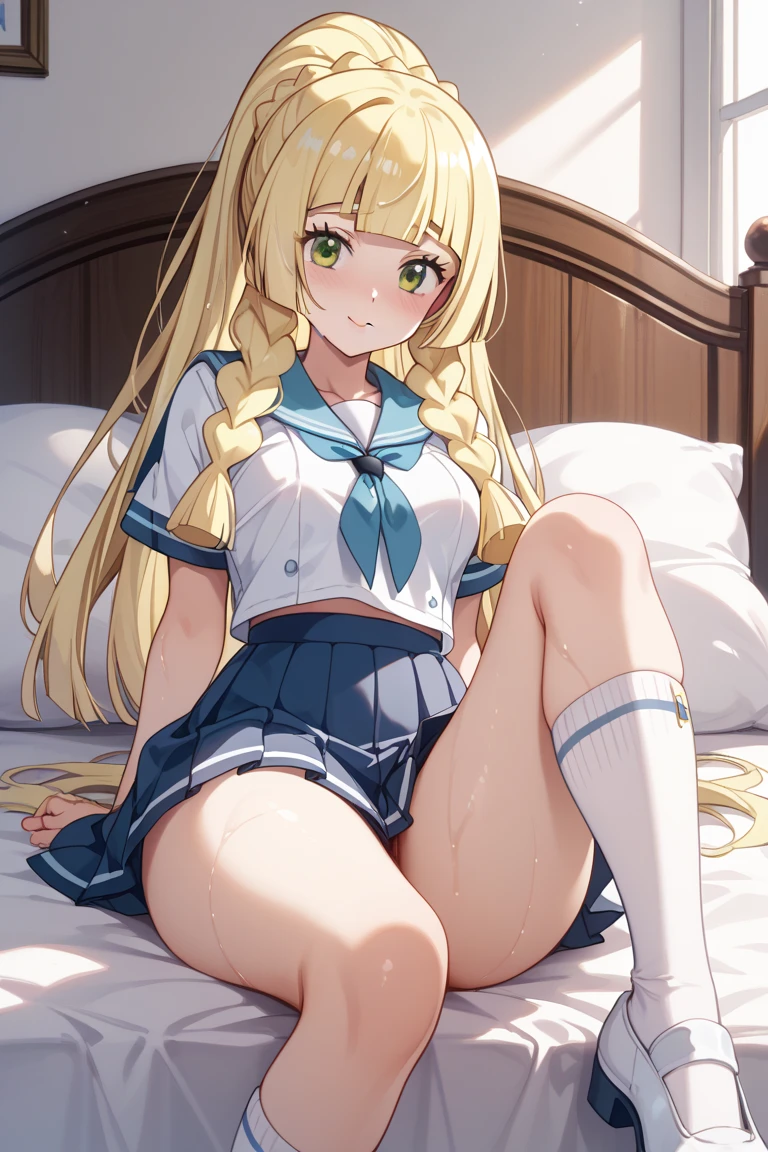 Beautiful long blonde hair　on the bed　high school girl　mini skirt　pleated skirt　white panties　shyness　Watery eye　blue eyes　small tits　Low - Angle　stick out your butt and lie down　Ahoge