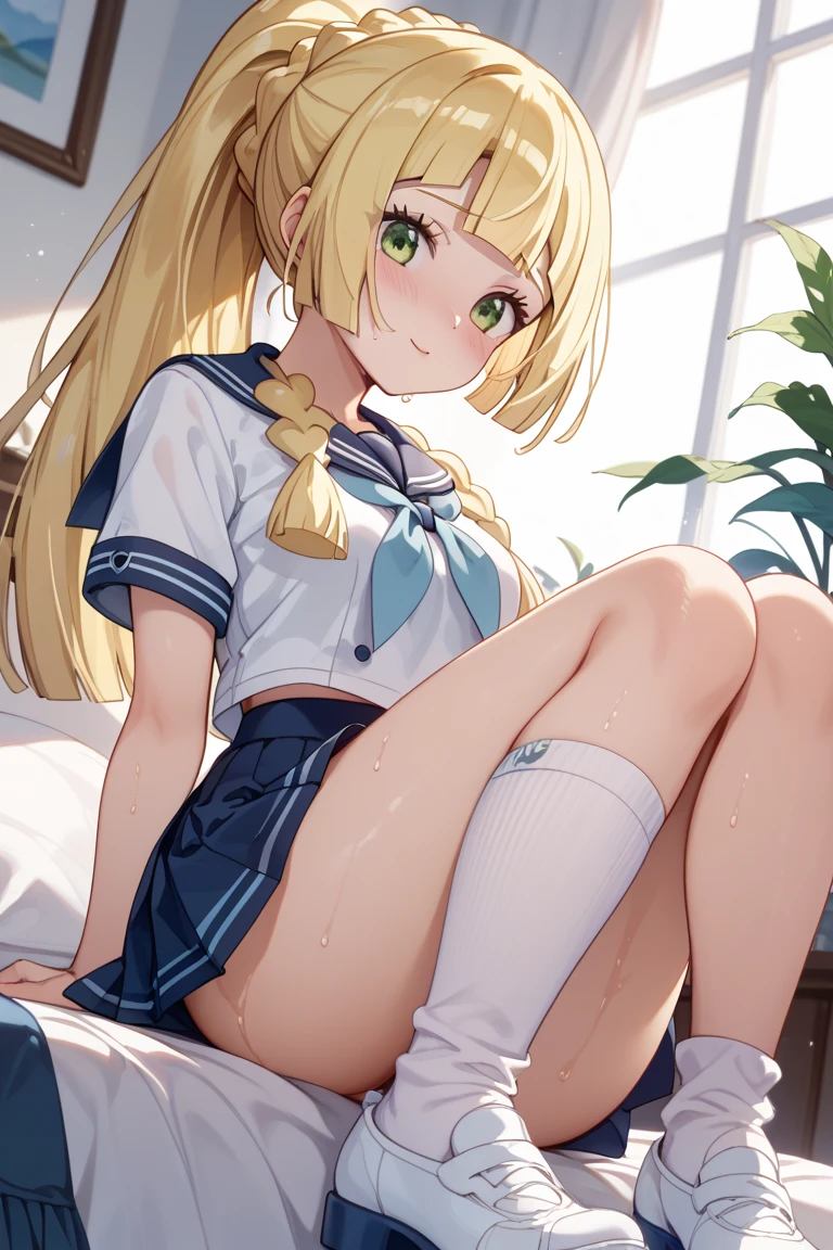 Beautiful long blonde Embarrassing Girl in a sailor suit Pleated skirt Micro Mini Skirt Long sleeve Skirt lifted sit in a classroom chair Small breasts Panties with lace Open your legs Wink