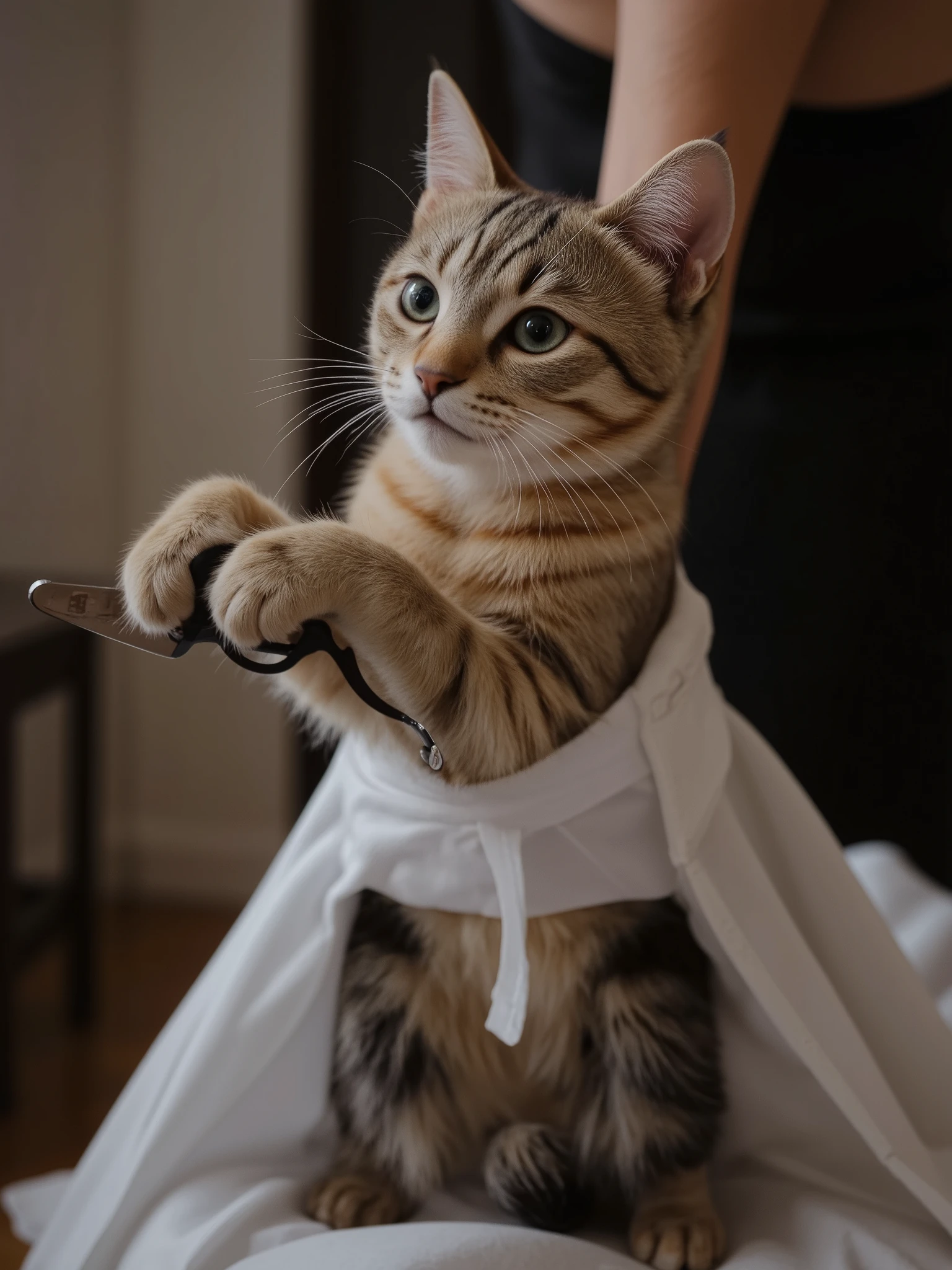 Barbershop cat,cat is standing upright and holding scissors with its front legs to cut human hair,High Quality,Realistic,4K resolution for hard hair,Professional workmanship,Lots of Details,super realistic,HDR,UHD,Studio Lighting,photorealistic,High Key Light,bokeh,Green and brown tones, beautiful luster,Warm colors