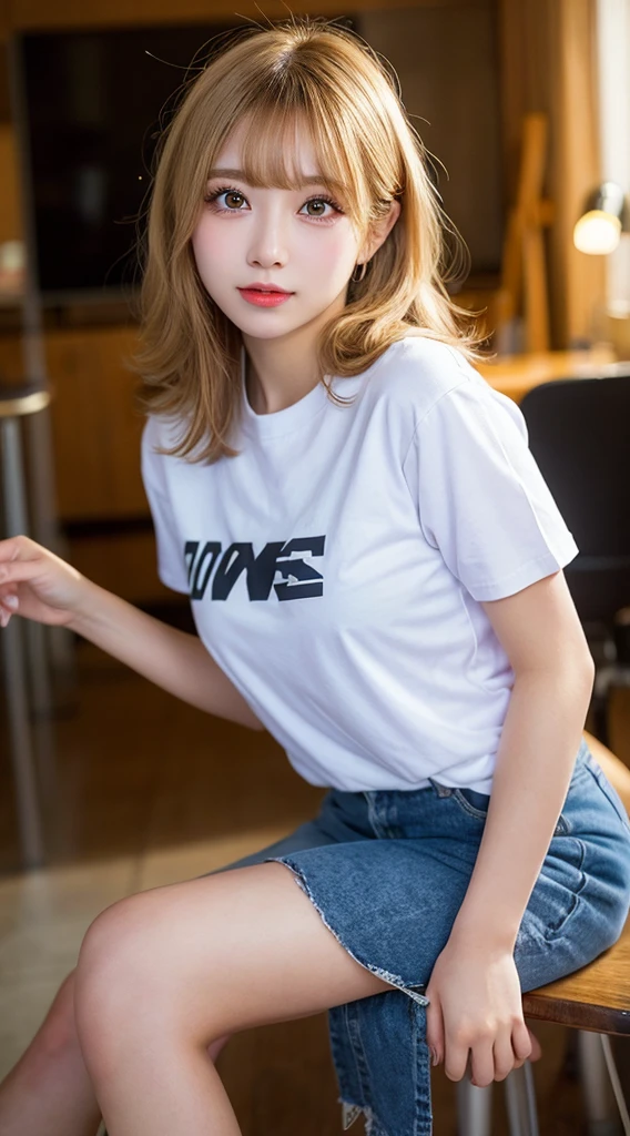 (SFW:1.5), 1 Female, Age 20, Baggy T-shirt（White）((Short sleeve))、The T-shirt goes up to the thighs、Ultra High Quality, It is high resolution., 8k, It&#39;s photorealistic, 