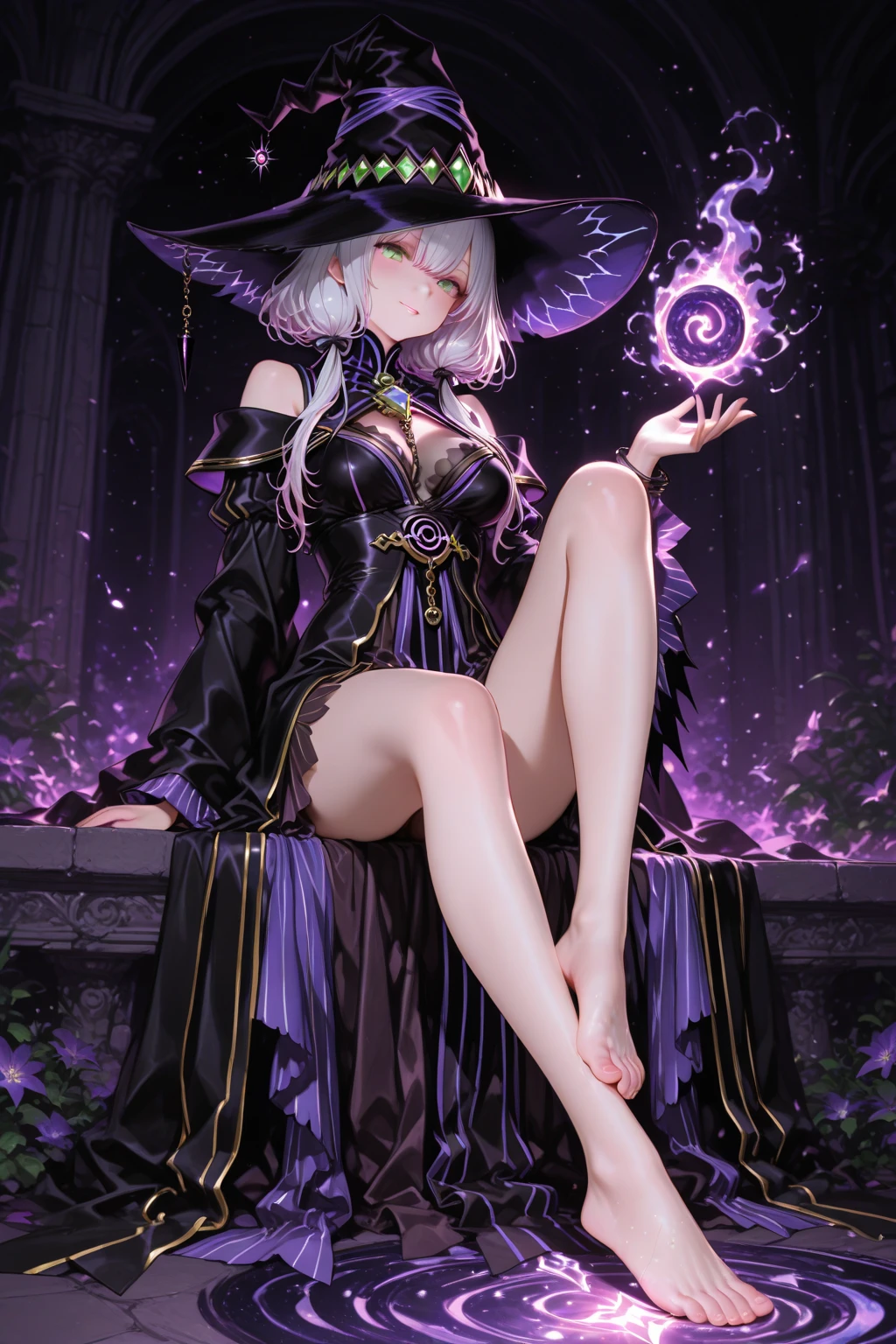 (Best Quality: 1.3), 8k, (Masterpiece: 1.3), Ultra High Definition, One Girl, (Black Dress: 1.5), (Witch: 1.5), (Purple Crystal: 1.5), (Silver Hair: 1.5), (Sitting: 1.4), Pretty Face, 18 years old,