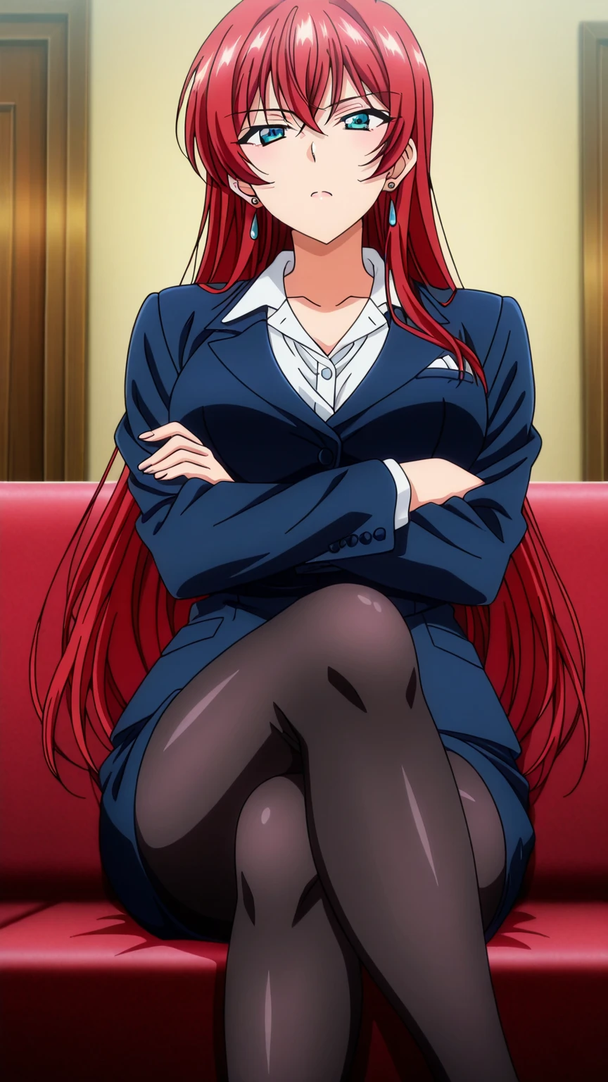 (Best quality, Ultra-detailed, Anime Pictures, Game CG, art cg, Photorealistic, Movie lighting, perfect shadow, realistic lighting shaded, Unity 8k wallpaper), Hiroko Takashiro, Red hair,,Large breasts,Long hair,Mature female,(Purple eyes), Perfect eyes, Perfect face, Earrings, shirt, Jacket, black thighhigns, (purple garter belts:1.1), zettai ryouiki, pencil skirts, school uniform, high-heels, vulgarity,nose blush,view the viewer,Sexy pose,in Staff room,holding mechanical pencil,sit on chair,Spread legs,
