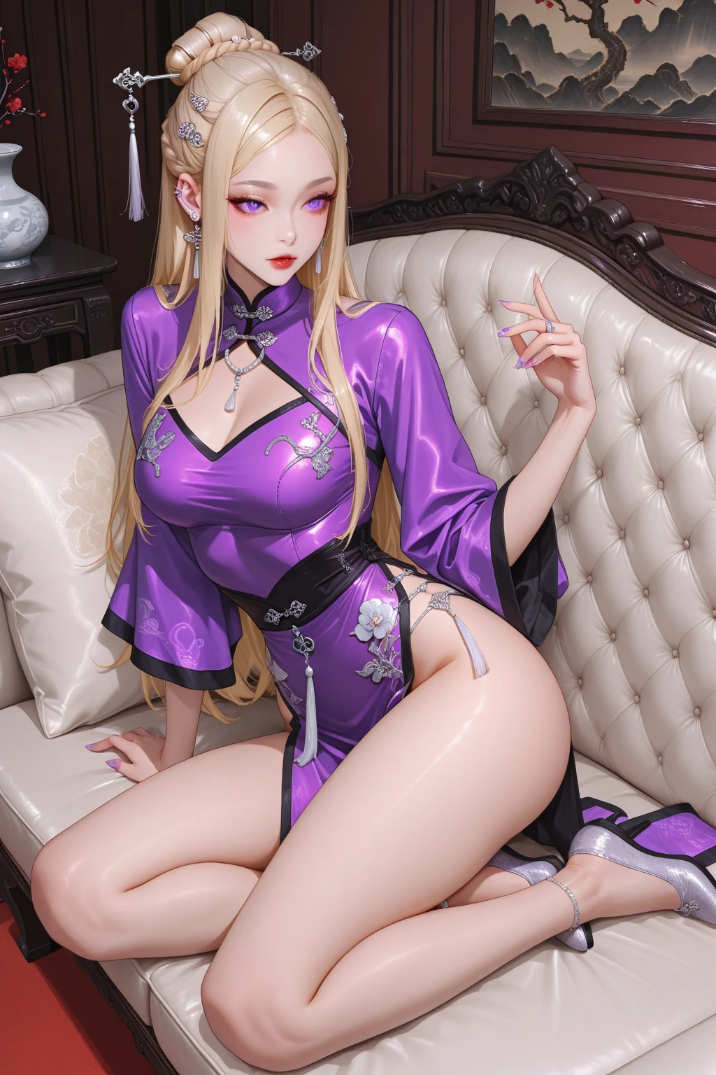 animated style, (masterpiece:1.35),(Best Quality:1.4), 8k,ultra detailed, Photography, (ultrarealistic:1.4), film grain, Fujifilm XT3, depth of field, feminine focus, mature woman, (sexy asian woman:1.45), (front photo)!!, adult, (looking at the viewer)!!, bare shoulders, blush, seductive smile, Red lips, separate sleeves, earrings, nails, hair between the eyes, Bangs Hair, (pink hair)!!, very long hair, Detailed realistic hair, symmetrical hair ornament, japanese clothes, kimono clothing, detailed realistic clothing, jewelry, purple gemstone, detailed jewelry, garter on the neck, collar, plump breasts, (chest neckline)!!, super seductive temptation, open skirt, petticoat, (network legs)!!, shackles, smooth thighs neckline, open legs, Straddle, legs up, thin legs, garter thighs, open crotch, armpit, Erotic, Yae Mico no tradicional, detailed eyes, (bright eye pupils:1.25)!!, (sharp colored eyes)!!!, (homochromatic eyes)!!, Cherry Blossom,  side locks, (lie down in the bed)!!, window with flower, (having sex)!!, grab torso, climax together, ORGASM, (race)!!, (1 girl, having sex, 1 man, pen, Pussy:1.3), (grab torso)!!, Yae Mico \(genshin impact\), (correct anatomically)!!,