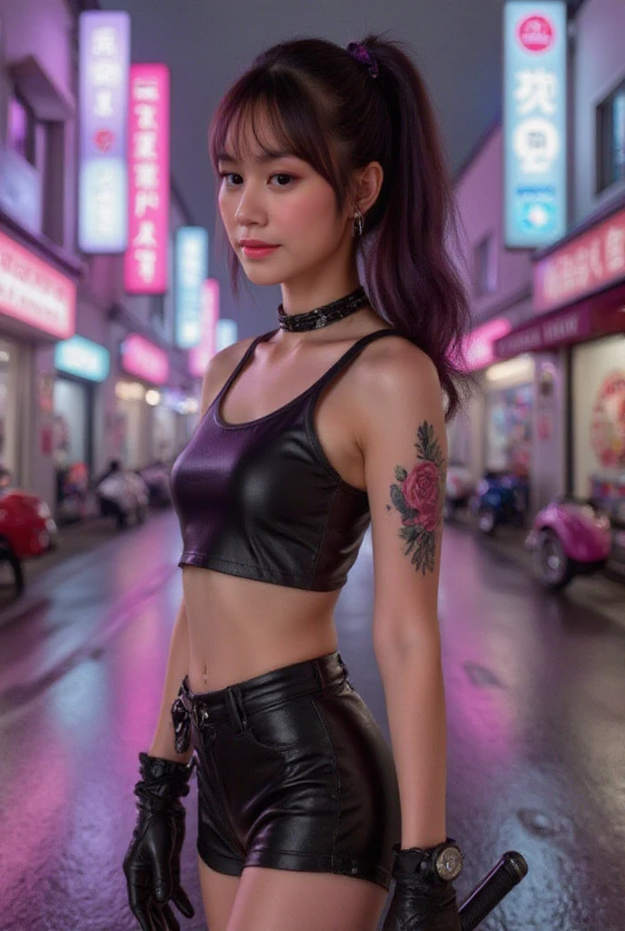 Top Quality, Masterpiece, High Resolution, 8k, full body shot, wide view, (((skinny girl in a wide opened oversize satin blouse and wetlook leggings, wide neckline, deep neckline, beautiful detailed eyes, small closed mouth, extremely detailed face, long pixie asymmetrical hair style, small hips, at night, dim lighting, look behind, cyberpunk, tatoo, neon)))