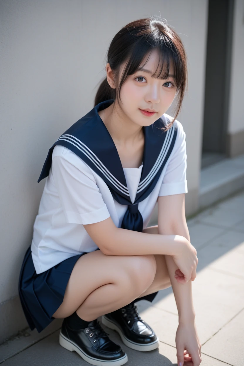 highest quality, sitting,(I can see white pants), 14 years old, beautiful girl, summer sailor suit, beautiful eyes, ((Please take a cute pose)), look at the camera, Look up from the ground and shoot,from right in front,Stay barefoot,sexy gesture,short hair
