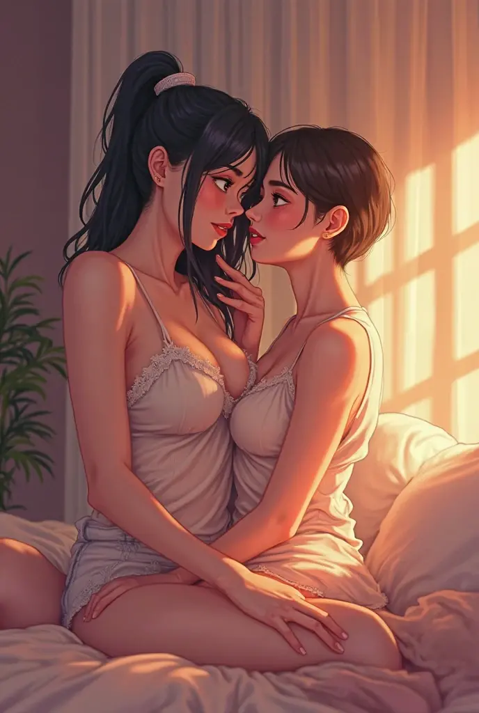 Amazing portrait of a sexy woman who is a MILF and a neighbour with her black hair in a bun wearing a saree kissing and making out passionately with her male neighbour on her bed in an intimate setting
