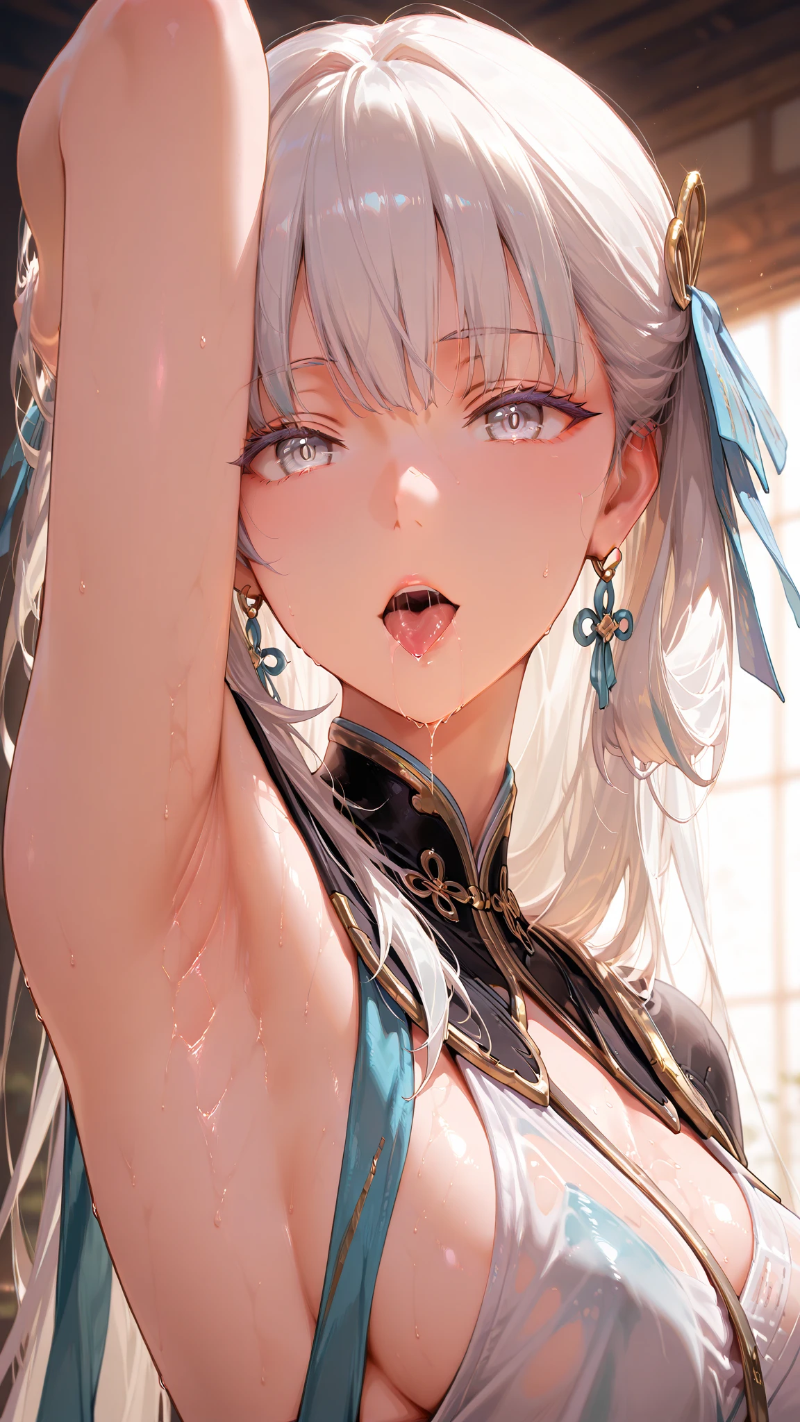 1girl,solo,super detailed skin,shiny skin,wet oily skin,natural face ,half open eyes,eyelashes,lips gloss,pale blue hair,short straight hair,sidelocks,large breasts,Japanese armor ,katana, looking up at the skyscrapers,masterpiece,best quality,ultra detailed,high resolution,sharp focus,depth of field