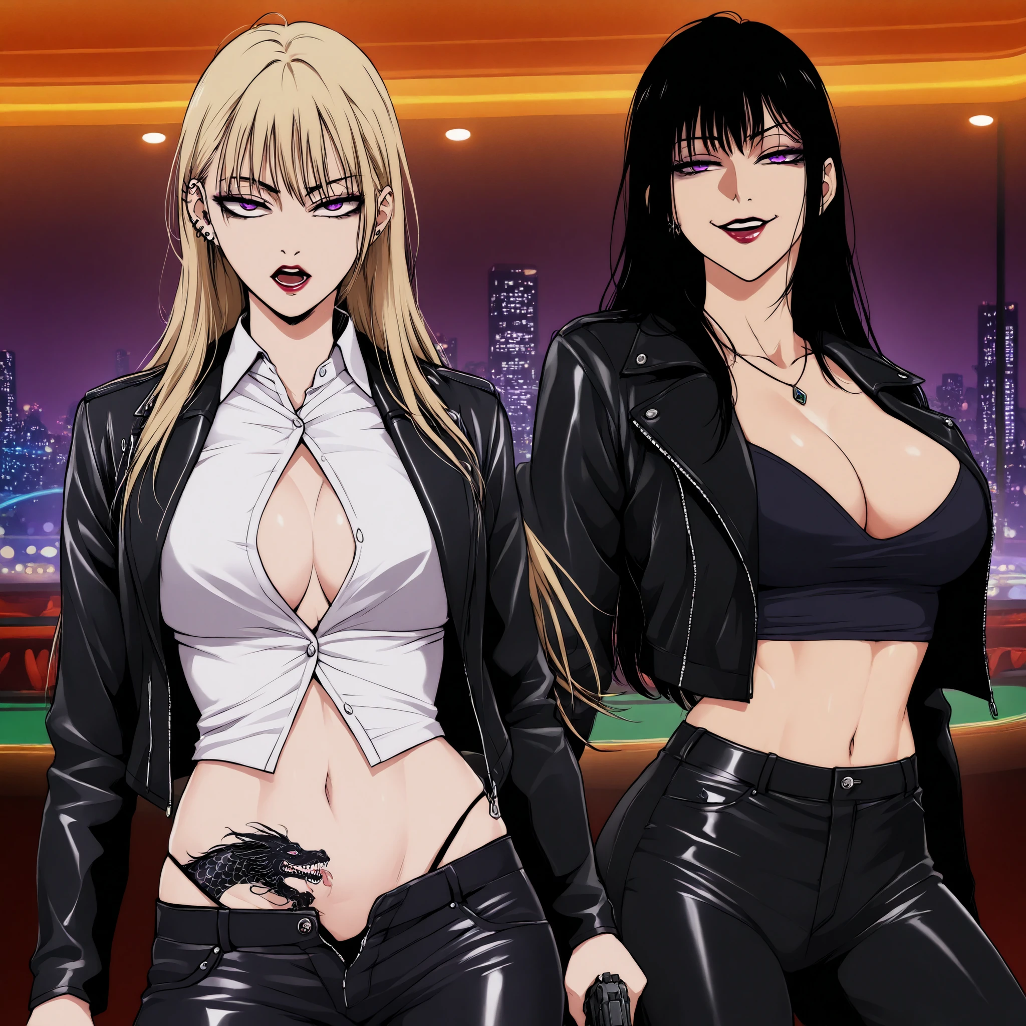 (urushisato:1.0), (OVA:1.4), 90's anime film, anime screencap, , detailed face, insane details, two girl, OVA shot of 2girl, (strong woman:1.1) long hair, masterpiece, best quality, highly detailed, a girls with a gun, evil smile , open mouth, sexy gaze, badass
pose , evil smile, smile, (nsfw) not safe for work, guns blazing, anime girl with long hair, beautiful long
haired girl, navel, evil expression, exposed belly, exposed navel, exposed midriff, exposed lower belly,
long black pants, crop top, cleavage, unbuttoned leather pants ,open fly, low rise black leather pants,
leather jacket, holding a gun, outdoor,street,road, navel piercing