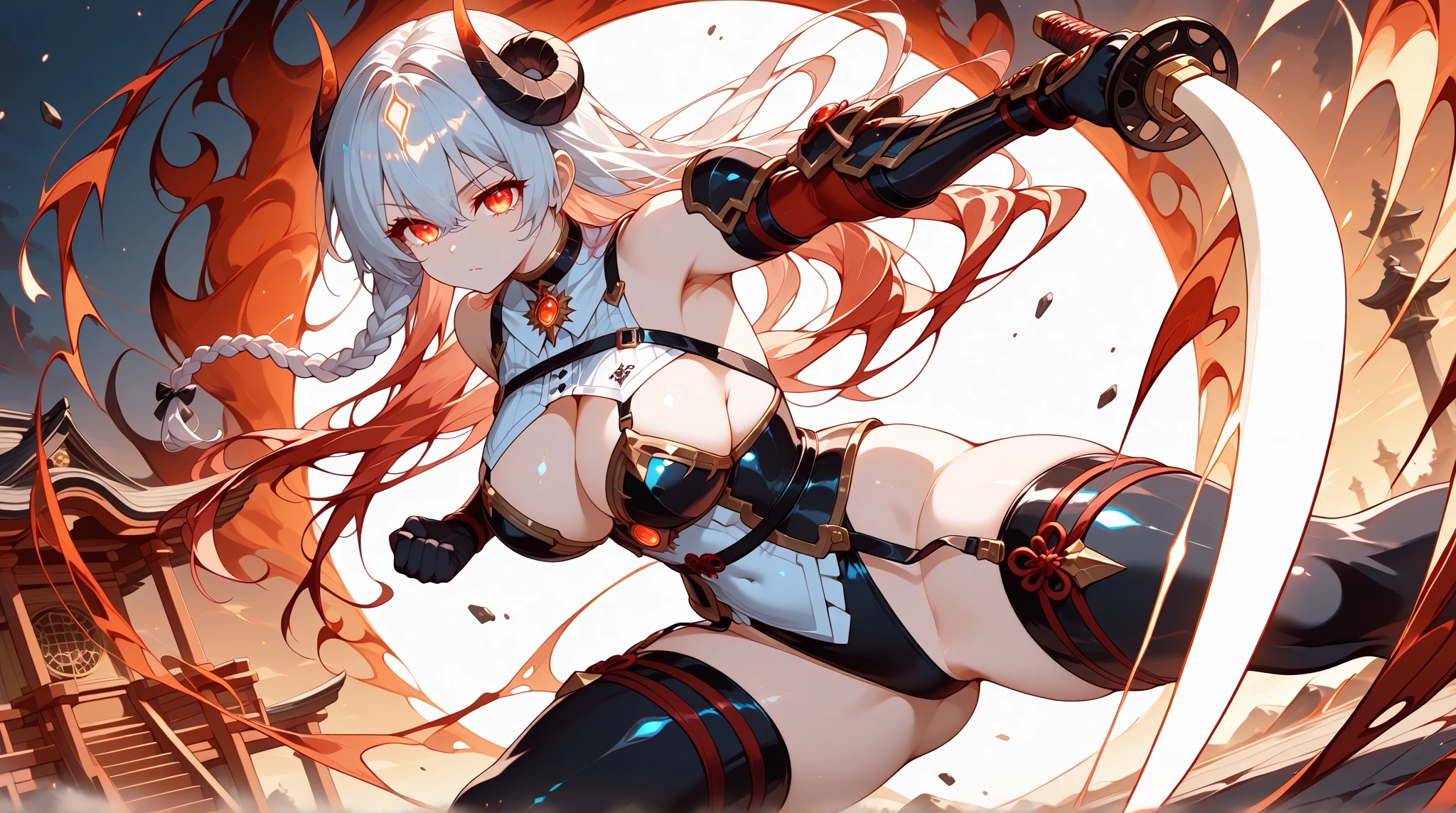 1girl, 18 year old female, Okita Souji Alter, Fate Grand/Order, anime style, ultra realistic, high detail, sexy pose, sexy, beautiful, exposed skin, slender, skinny, exposed breast, breast, nipples, nude, nudity, absurdres, high res, ultrasharp, 8K, UHD, retina, masterpiece, accurate, anatomically correct, perfect anatomy, textured skin, super detail, high details, high quality, award winning, best quality, high res, looking at viewer, detailed eyes, four fingers and one thumb per hand, perfect hands, perfect finger, two arms only, no clothes, revealing, white hair, yellow eyes, dark skin, tanned skin