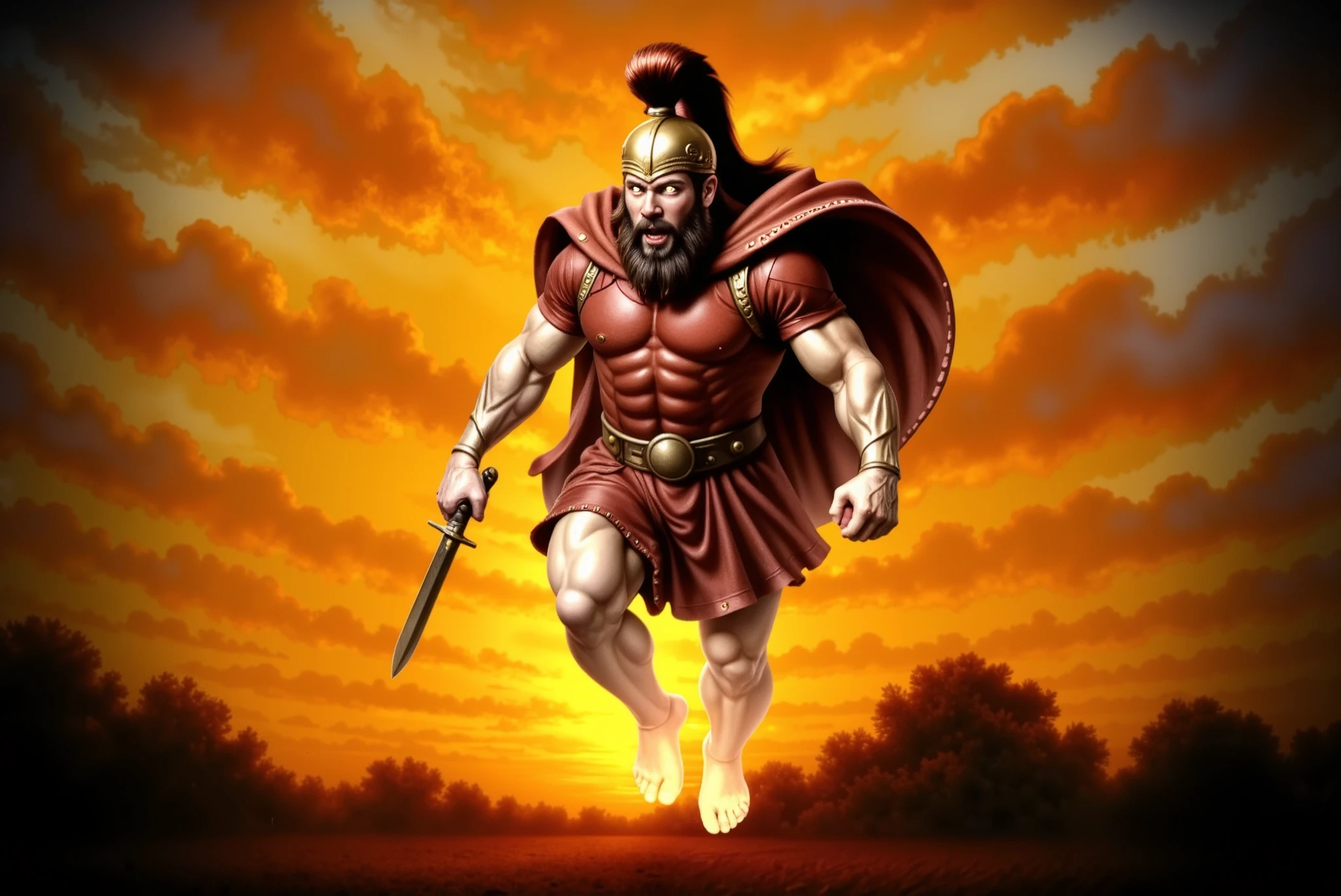 Ares, the Greek god of war, descends from the heavens engulfed in swirling flames and divine fury. His body is muscular and glows with the polished sheen of gold, each muscle sculpted with anatomical precision. He wears a bronze Corinthian helmet with a dark red horsehair crest flowing backward, exposing glowing, incandescent eyes and a snarling mouth. His thick beard and long black hair stream out from beneath the helmet.
Ares is dressed in a sleeveless crimson tunic, cinched at the waist by a wide dark brown leather belt with a bronze buckle. A blood-red cape billows behind him, partially consumed by the fire. In his right hand, he wields a short, slightly curved sword aimed downward, while his left fist is clenched in divine rage.
He hovers just above the scorched ground, creating concentric shockwaves of molten orange light rippling outward from his descent. The terrain cracks and glows with raw energy beneath him. Surrounding Ares are billowing clouds of smoke and fire—fiery reds, oranges, and yellows forming a halo behind his head. The lighting is dramatic, casting deep shadows and golden highlights across his body and armor.
The composition is dynamic and mythological, with a low-angle view to emphasize his overwhelming presence. The scene evokes cosmic wrath and power, as if the entire world trembles beneath the return of the god of war.