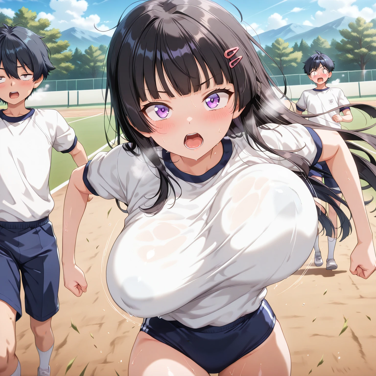masterpiece, Highest quality, Nico_Yazawa,High resolution, 1 Girl, alone, Brown Hair, short hair, Twin tails、Purple eyes, , , (Cleavage)、(Beautiful thighs), Carrying a red backpack, (randoseru backpack:1.2) Sweaty、Thick thighs、Highest quality、4K、One girl, 8-year-old, , cute, Grin, (Surrounded by men in the park))、、His penis is exposed through his thick thighs, Surrounding the girls、Semen from the penis、Bukkake、Bukkake、(Bukkake)With projectile、Blowjob、Lots of passersby、Ahegao、Low length、、、Handjob、、、Spread your legs、(Handjob)(Blowjob)Knee socks、Plump、Big Breasts、buruma, gym uniform,