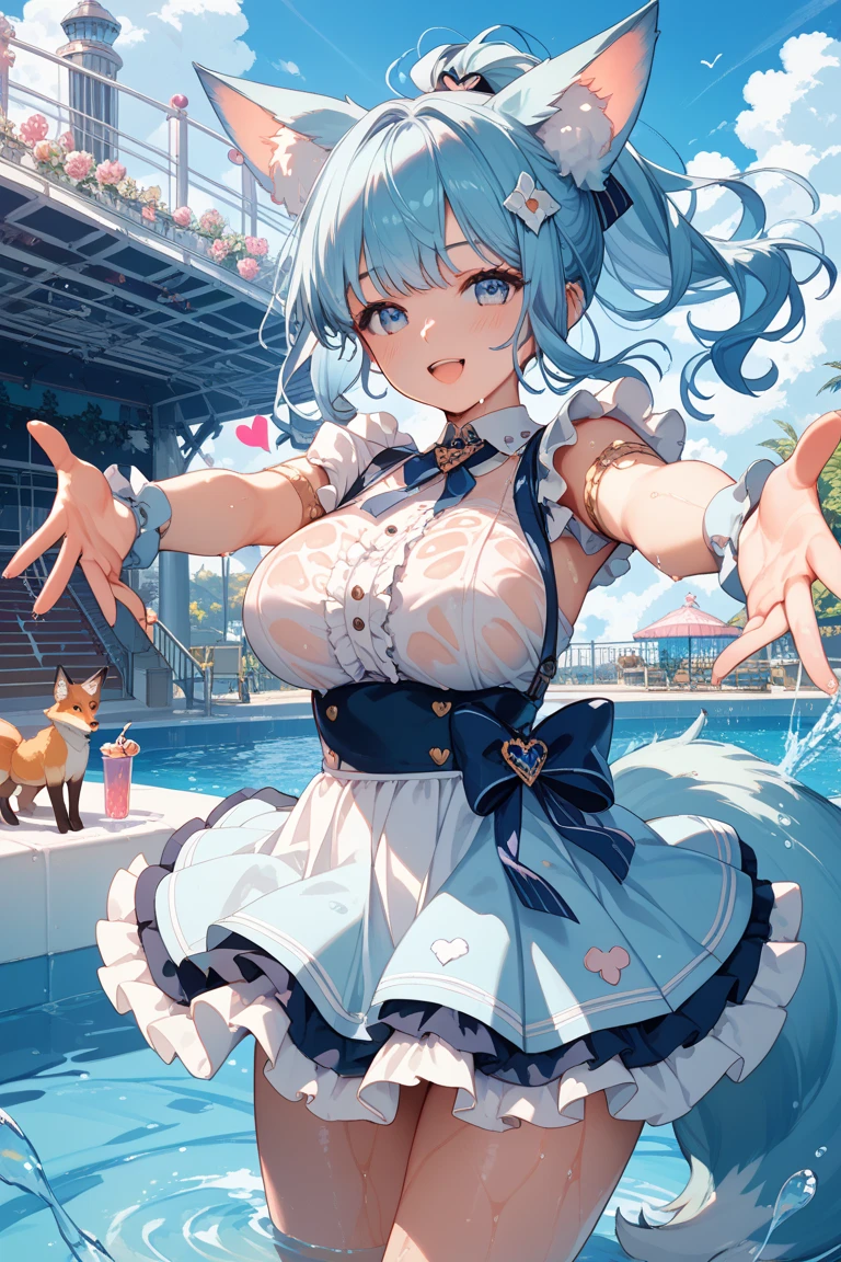 nsfw,(space action style), (Muted Tone), Delicate, Detail, Masterpiece,(colorful)illustration,(colorful)light particles, lens flare, women with fox-ears and fox-tail,smile, a battle for space and existence, battle,city,wood,rabbit, sideboob,shoulders,cleavage,sideless,thighs, Cowboy shot, close-up,from above, dynamic angle, dynamic pose, Artistic, memorable masterpieces, moments in history,(fantastical and mesmerizing scenery) Watercolor:1.6, Delicate, Detail, (river-cats:1.3),warm-cats, (masterpiece:1.2),(best quality:1.2),newest,intricate details, fox ears, ear hair