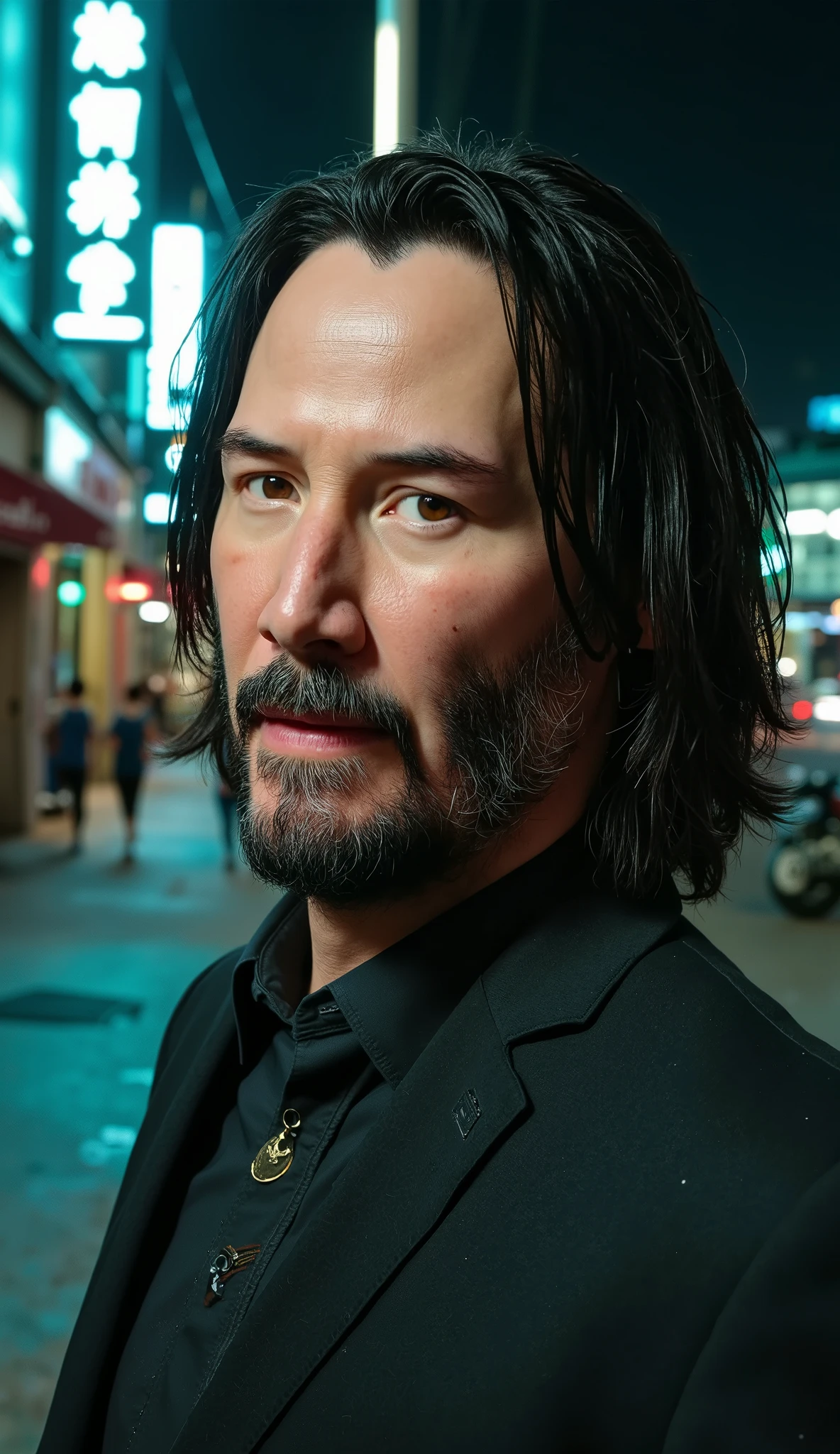 Ultra-realistic close-up of Keanu Reeves, captured from the shoulders up, with a calm, intense expression and a composed, mysterious gaze. His dark hair is slightly tousled by the wind, and he has a well-groomed beard with light facial tension, suggesting depth and experience.
He wears a modern black high-collar jacket, slightly open at o peito, com uma camisa escura minimalista por baixo. O tecido tem textura realista, com costuras visíveis e pequenos vincos naturais, como se ele tivesse acabado de sair de uma situação tensa. Um cordão discreto com pingente metálico aparece sob a gola, sugerindo simbolismo oculto.
Background: A realistic urban street at night, softly illuminated by neon signs in Japanese or Korean characters, and a mixture of cool blue and soft amber lights reflecting on wet pavement. Objetos e detalhes no fundo incluem:
Pessoas ao longe, algumas com guarda-chuvas, outras passando de bicicleta.
Uma moto estacionada parcialmente visível com reflexos metálicos.
Cabos elétricos suspensos e letreiros piscando.
Uma vitrine de loja moderna com luzes internas suaves e plantas decorativas.
Pôsteres rasgados colados em uma parede lateral, tremendo levemente ao vento.
Lighting: Contraste forte entre luz e sombra, com um backlight azul e preenchimento quente no rosto, realçando os olhos e o brilho suave no cabelo. Leves partículas de umidade flutuam no ar, como névoa urbana.
— Hyper-detailed, 8K resolution, photorealistic textures, cinematic mood, Unreal Engine 5 rendering quality, Octane render, Greg Rutkowski influence, ultra-defined depth of field