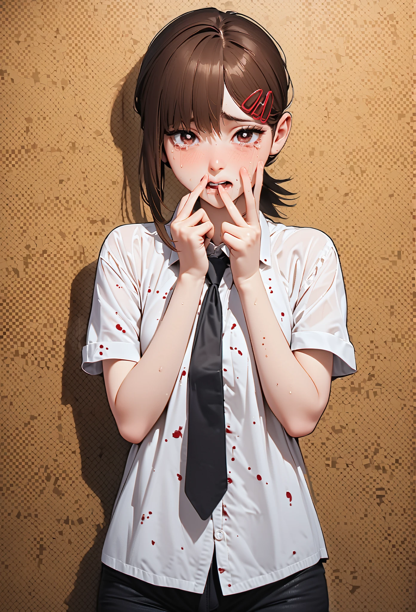 (masterpiece:1,2), best quality, masterpiece, hires, original, extremely detailed wallpaper, perfect lighting,(extremely detailed CG:1.2),1girl, makima (chainsaw man), solo,necktie, shirt, black necktie, red hair, braid, pants, black pants, white shirt, collared shirt, ringed eyes, breasts, braided ponytail, bangs, long sleeves, sidelocks, belt, long hair, medium breasts, orange eyes, shirt tucked in, hair between eyes,
looking at viewer,Blush,Light smile,Fucked silly,smile,grin,closed mouth,
(splatter background:1.5),simple background,outline,concept art,